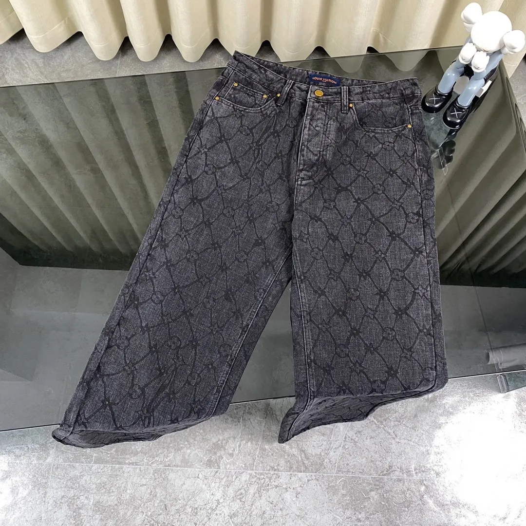 LV 24ss Washed Black Jacquard Washed Pants Loose Casual