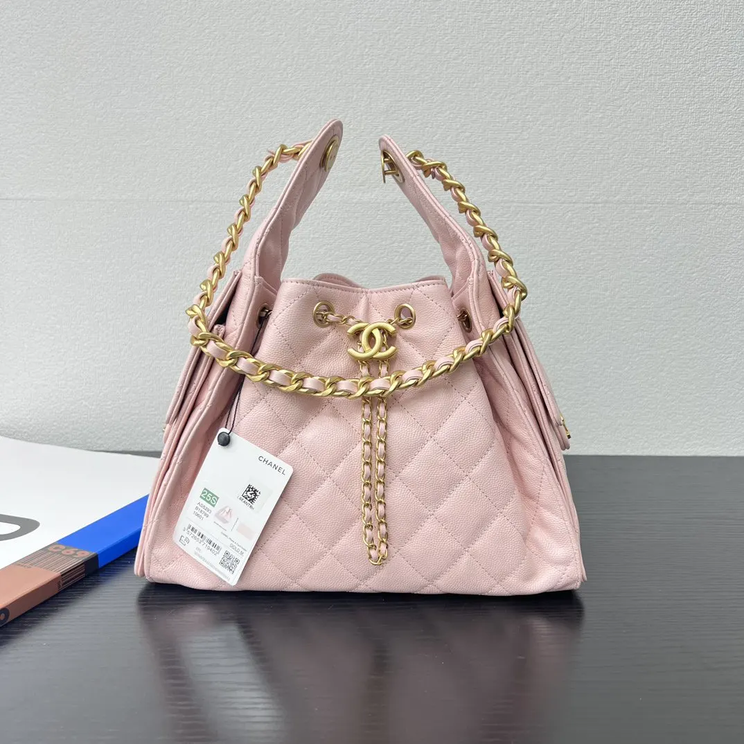 CHANEL 粉色牛皮Hobo腋下包 金链款