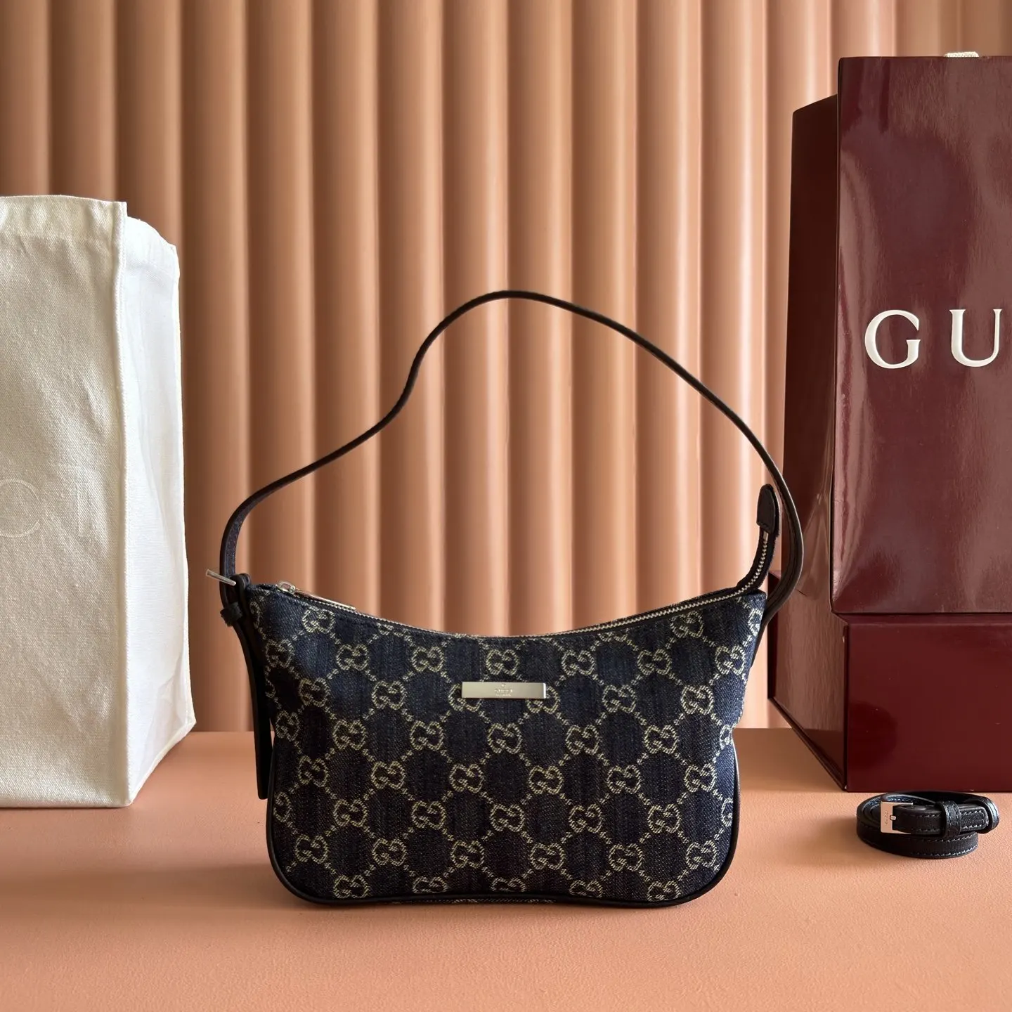 Gucci Blue Brown Hobo Shoulder Bag Vintage Canvas