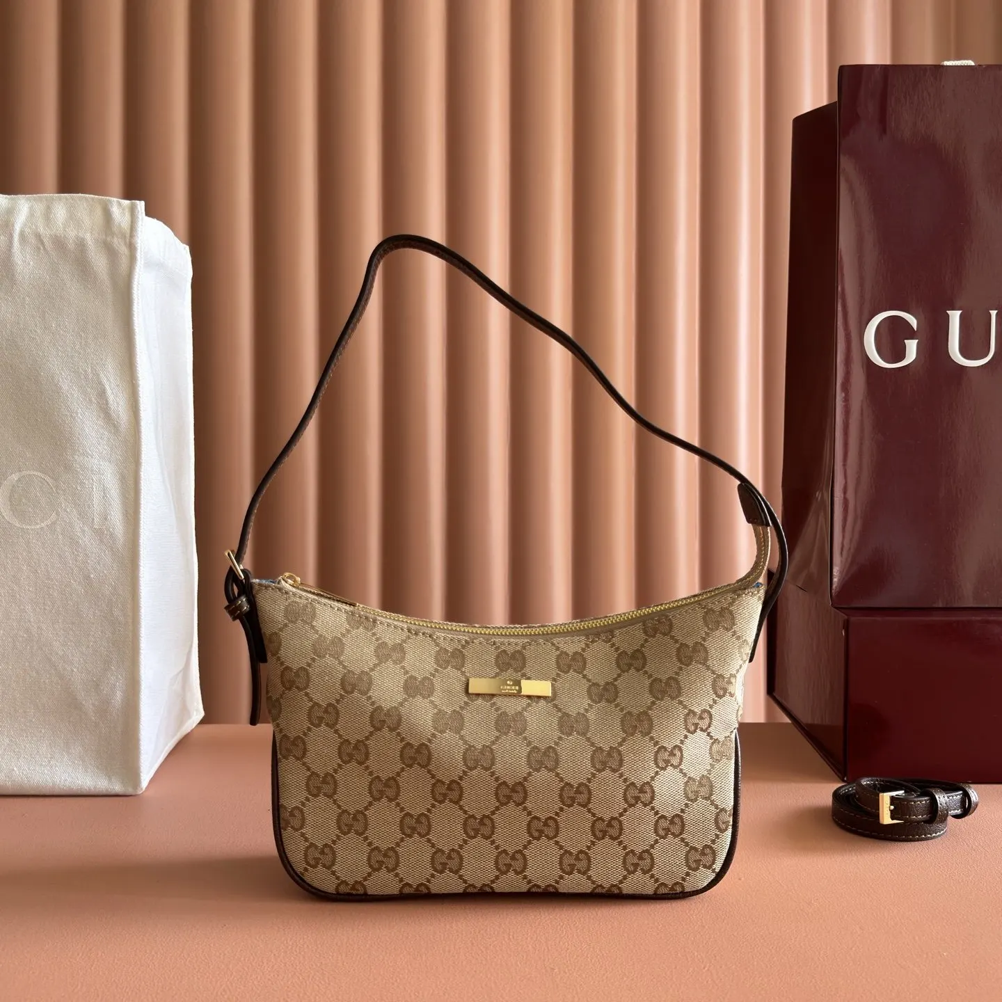 Gucci Blue Brown Hobo Shoulder Bag Vintage Canvas