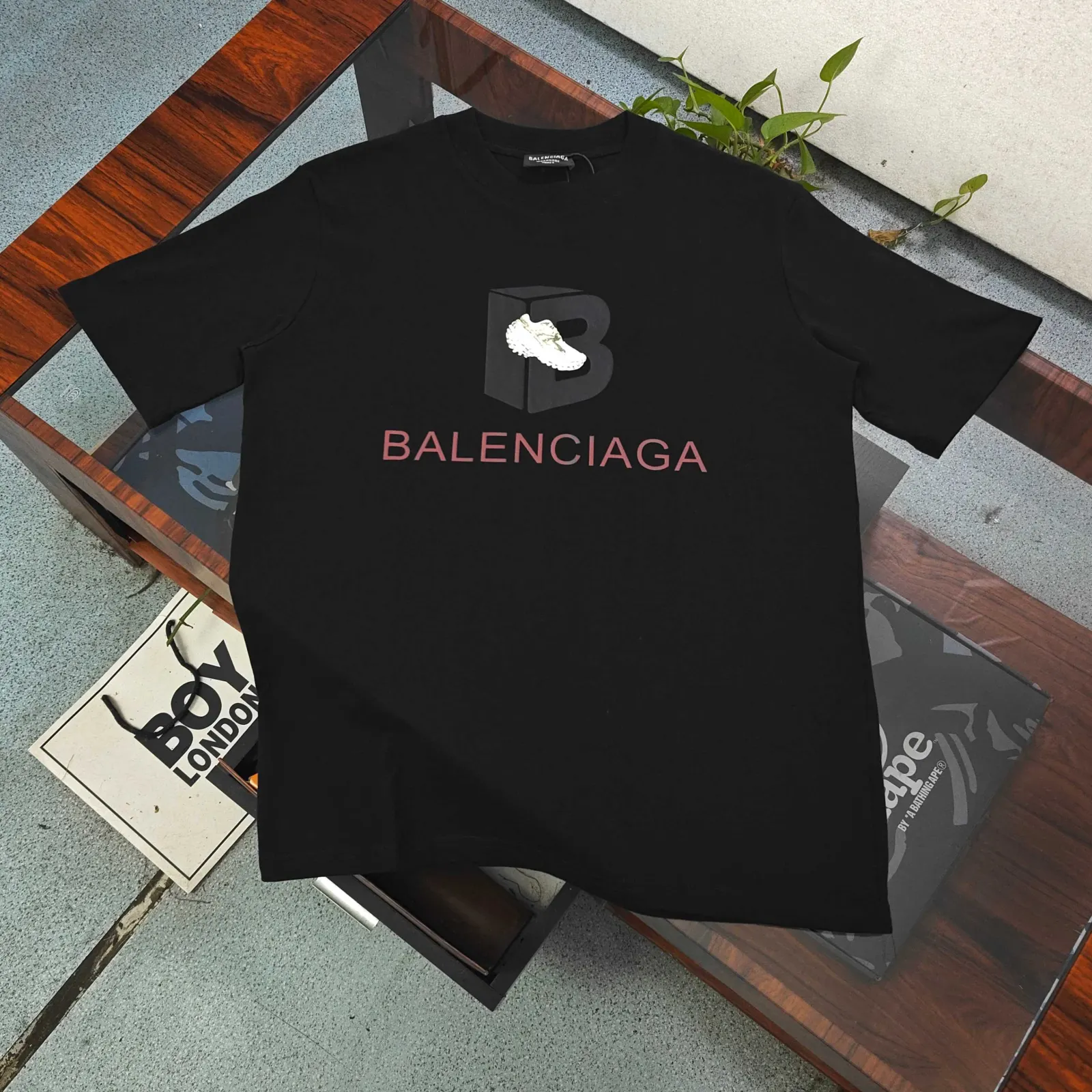 Balenciaga Black Cotton Logo Short Sleeve T-Shirt Loose Casual