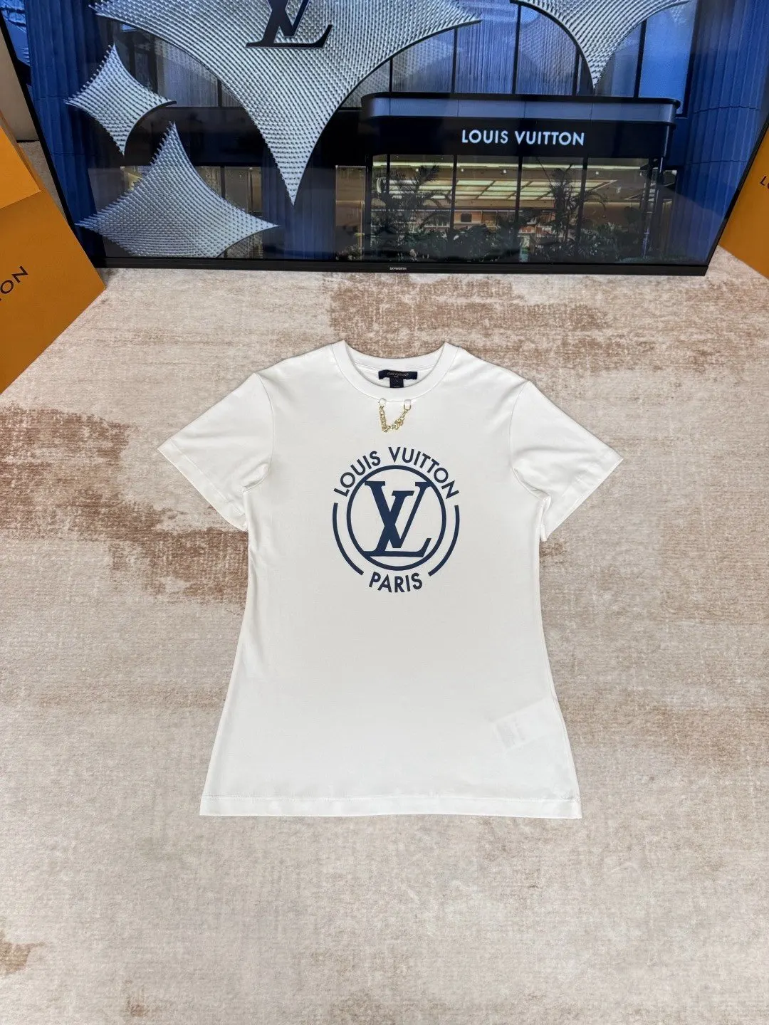 LV White Monogram Logo Short Sleeve T-Shirt Casual Versatile Style