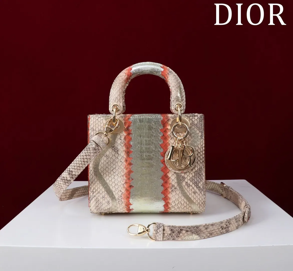 Dior Lady Dior 米白色藤格紋手提斜背包 条纹款