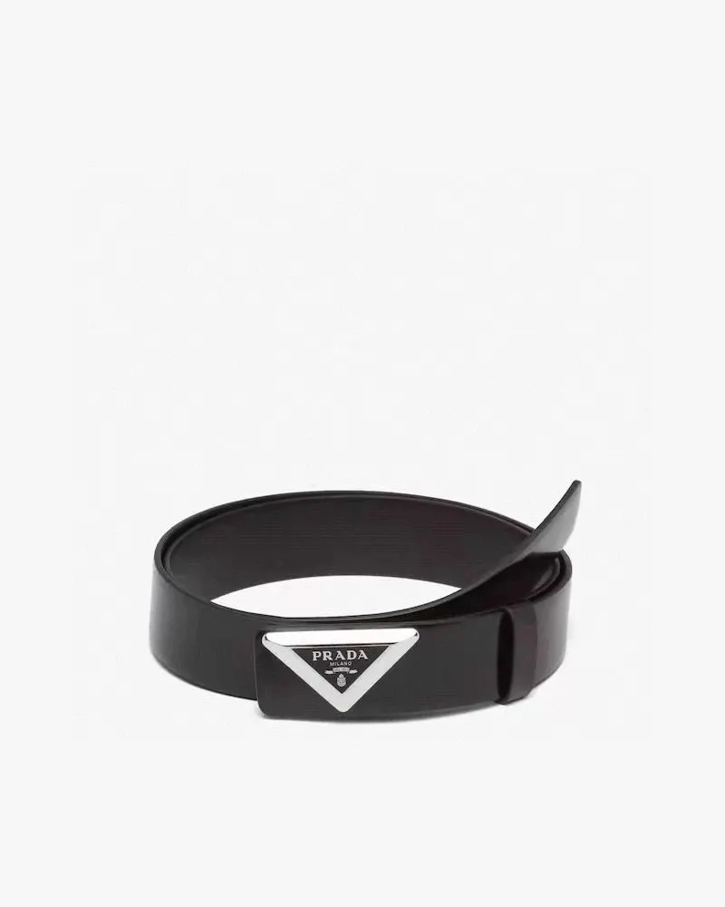 PRADA 皮革 亮面 三角标 腰帶 通勤搭配款