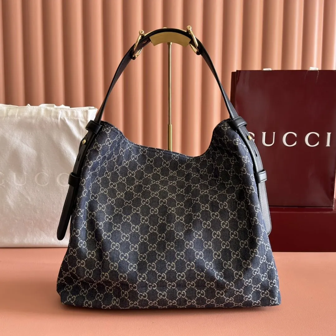 Gucci 黑色 蓝色 牛皮 腋下包 复古腋下背款