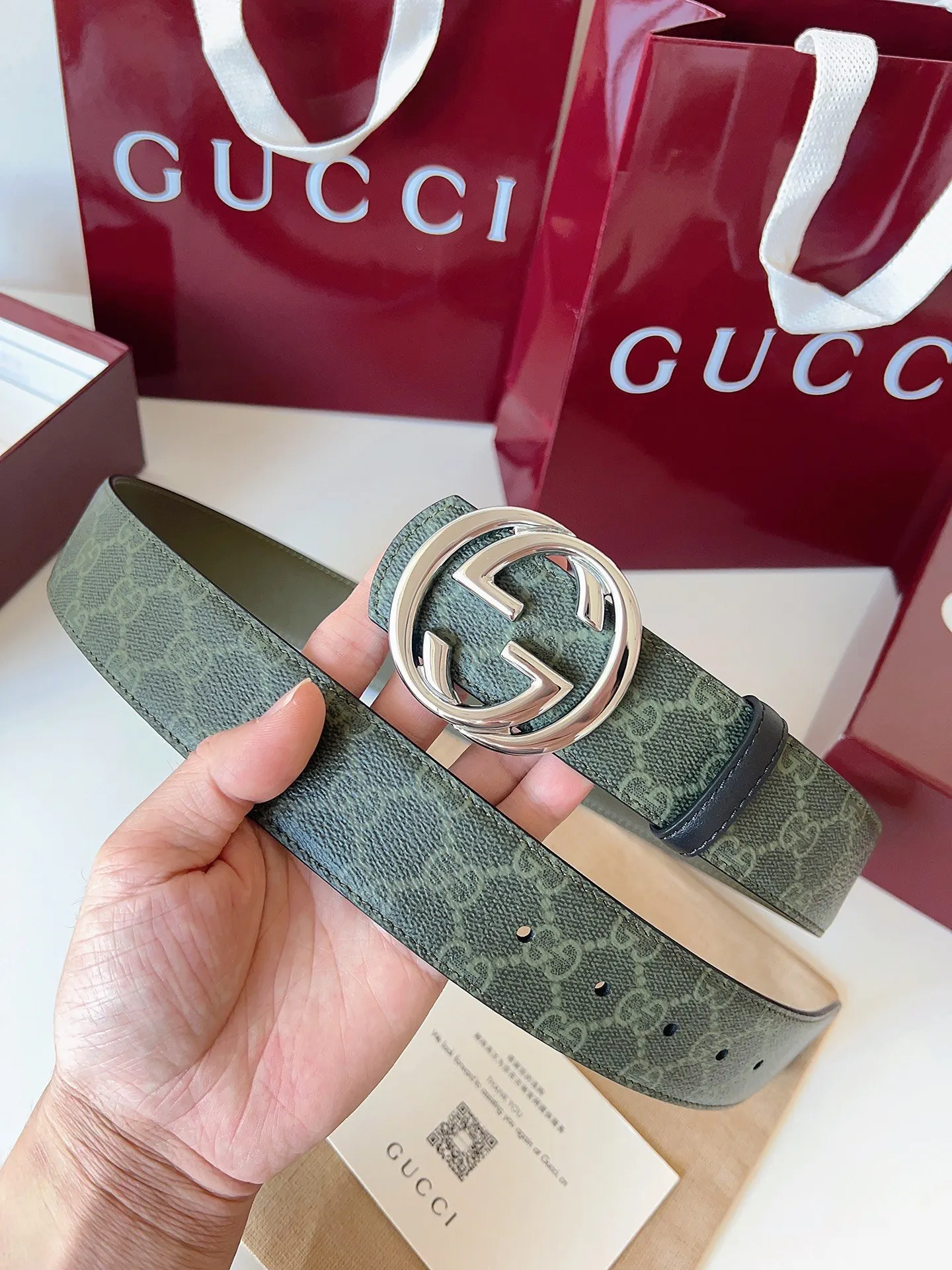 Gucci Double G Buckle Cowhide Belt, Green