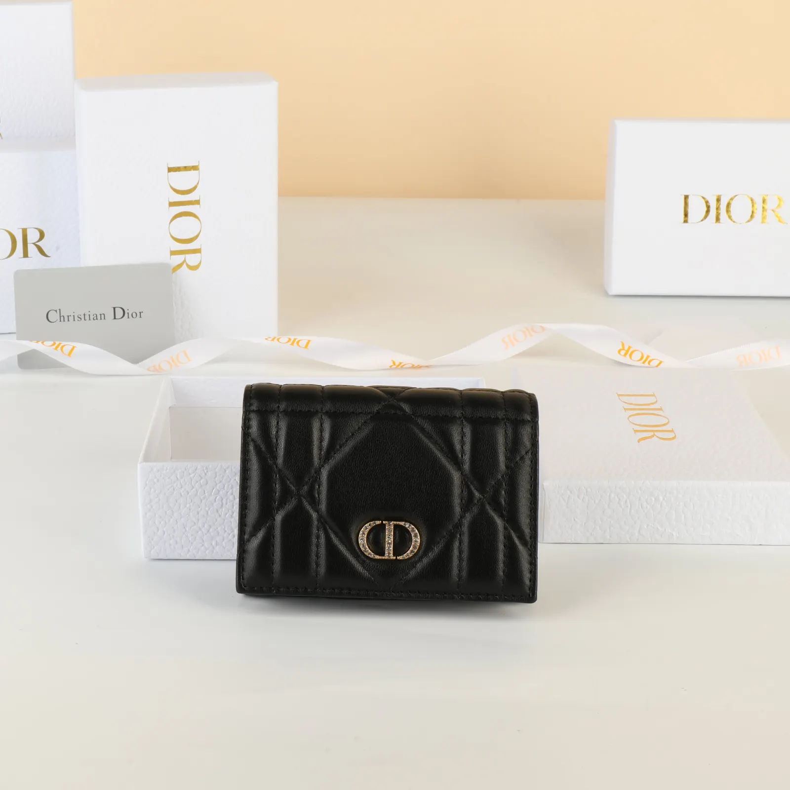 Dior Caro black sheepskin wallet with fine accessories