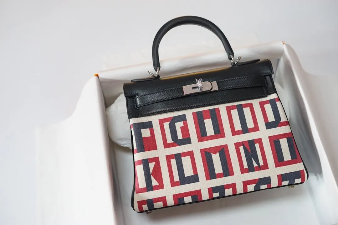 Hermes Kelly 帆布拼皮 手提包 28cm 經典款