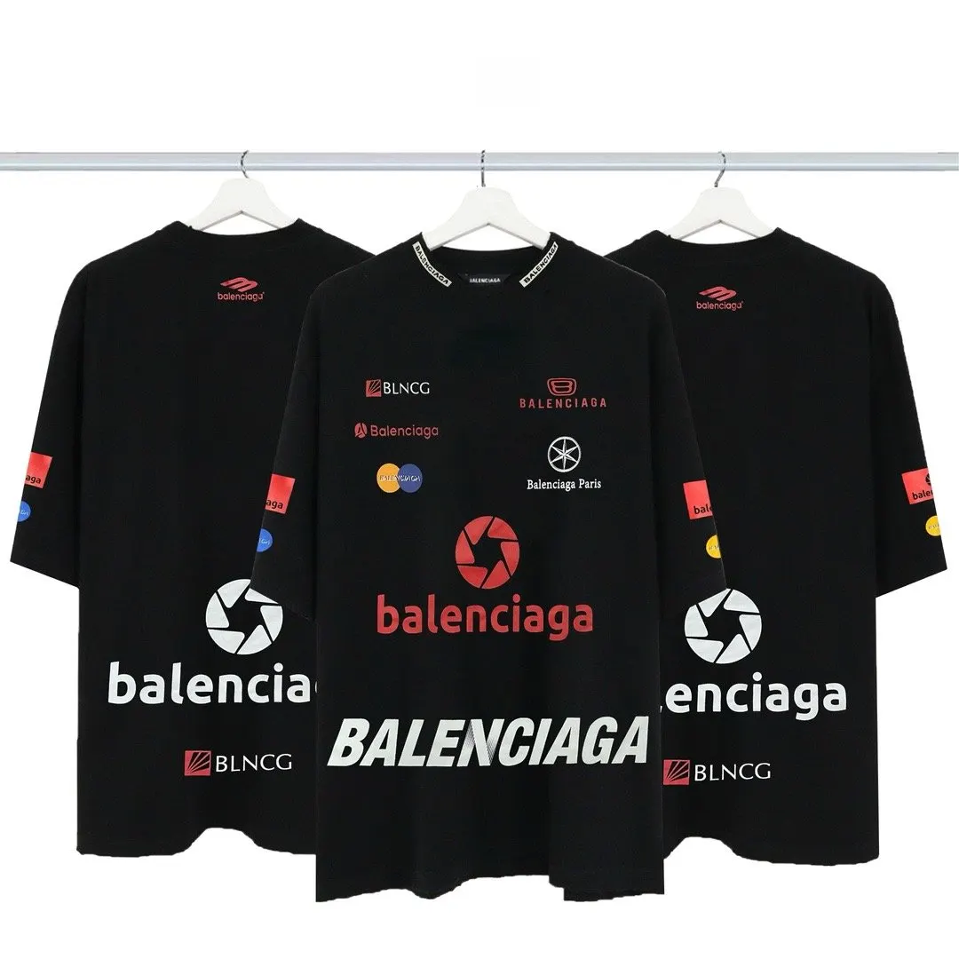 Balenciaga Black Logo Embroidery Short Sleeve T-Shirt Street Casual Style