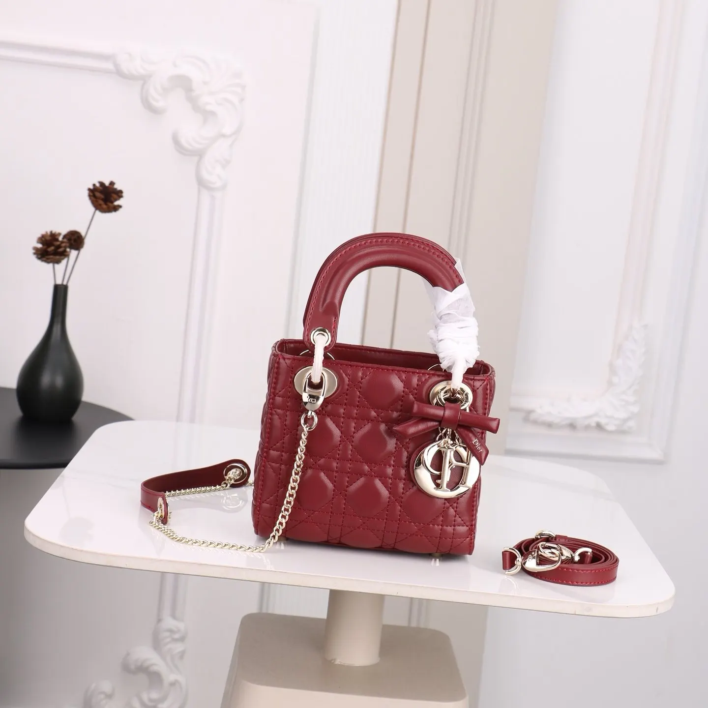 Dior Lady Dior Sheepskin Handbag, Top Handle Bag