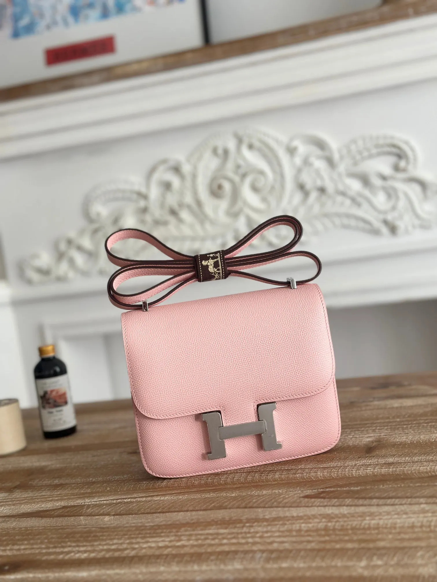 Hermes Constance 3Q粉 Epsom掌纹牛皮 斜背包 19cm 經典款