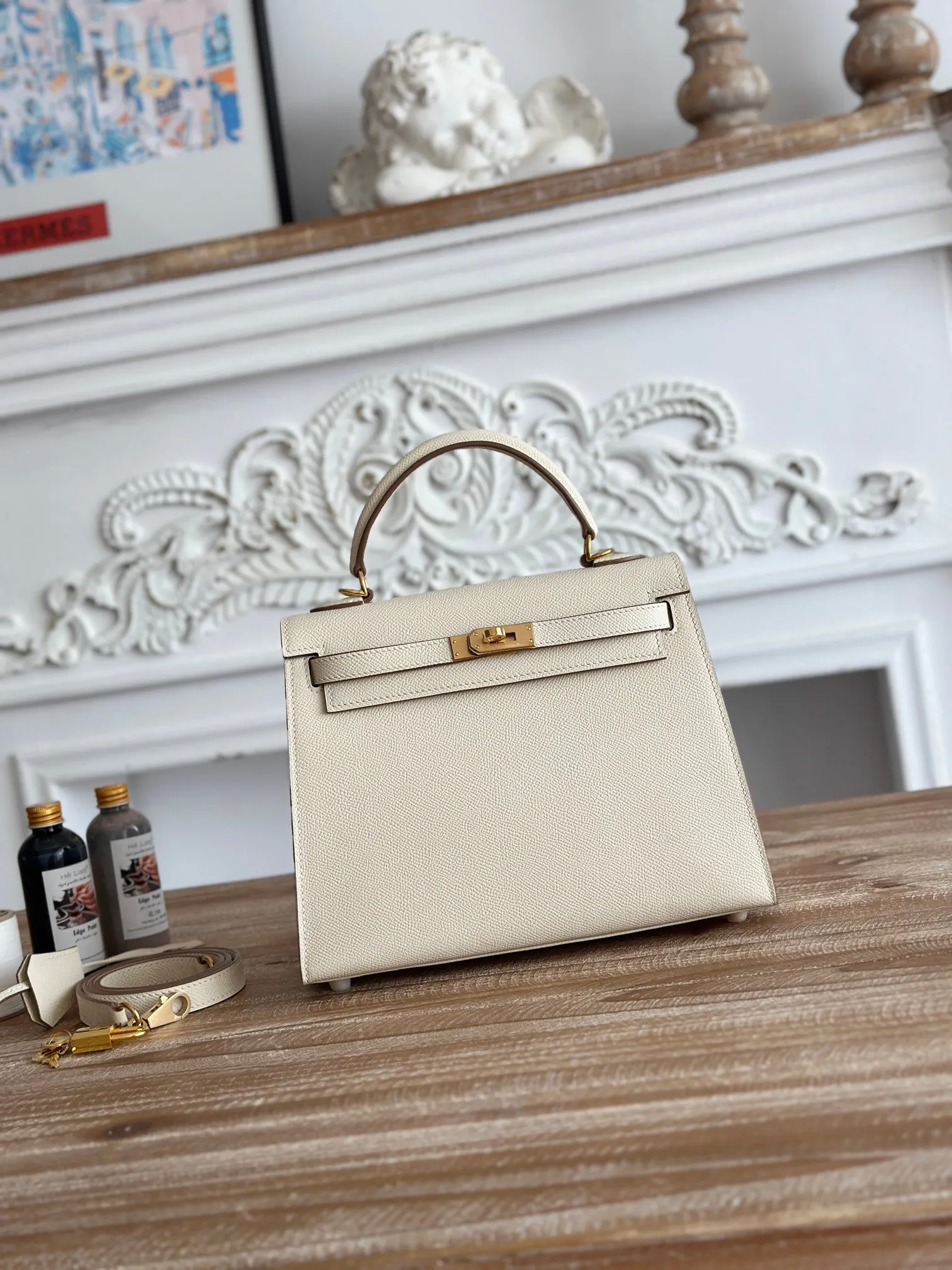 Hermes Kelly 奶昔白 Epsom掌纹牛皮 手提包 25cm 經典款