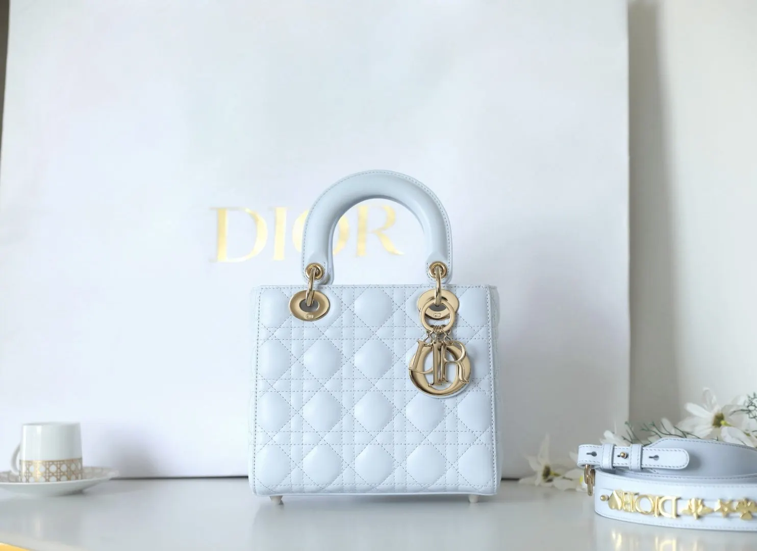Dior Cannage Rattan Plaid, Glacier Blue Sheepskin Handbag, H