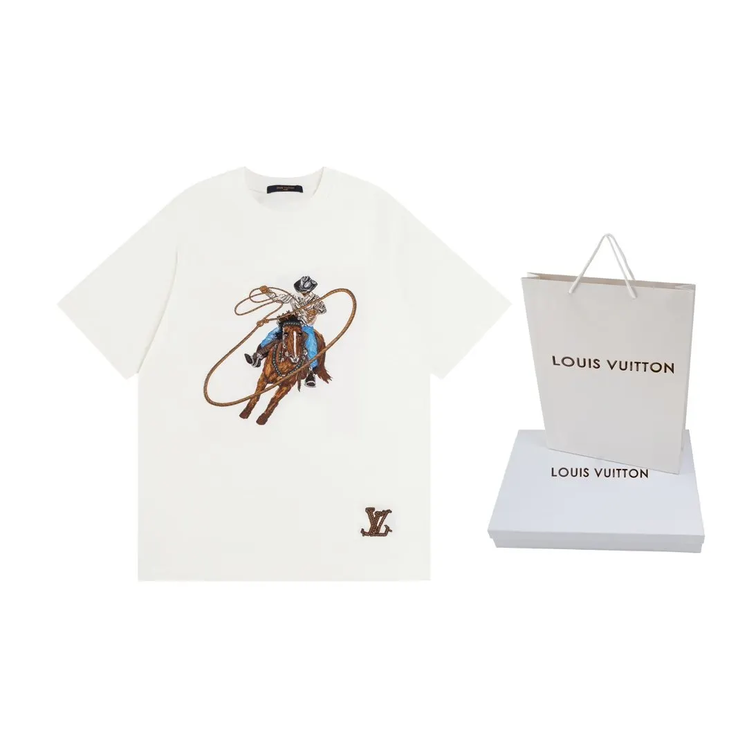 LV 24ss White Embroidery Short Sleeve T-Shirt Casual Versatile