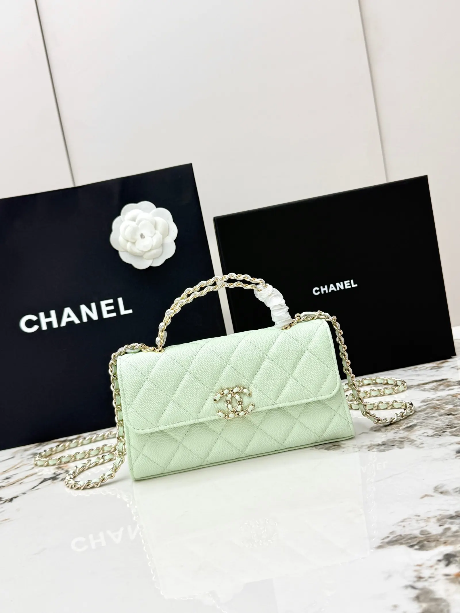 CHANEL 浅綠色牛皮Kelly手提包 金链斜挎款