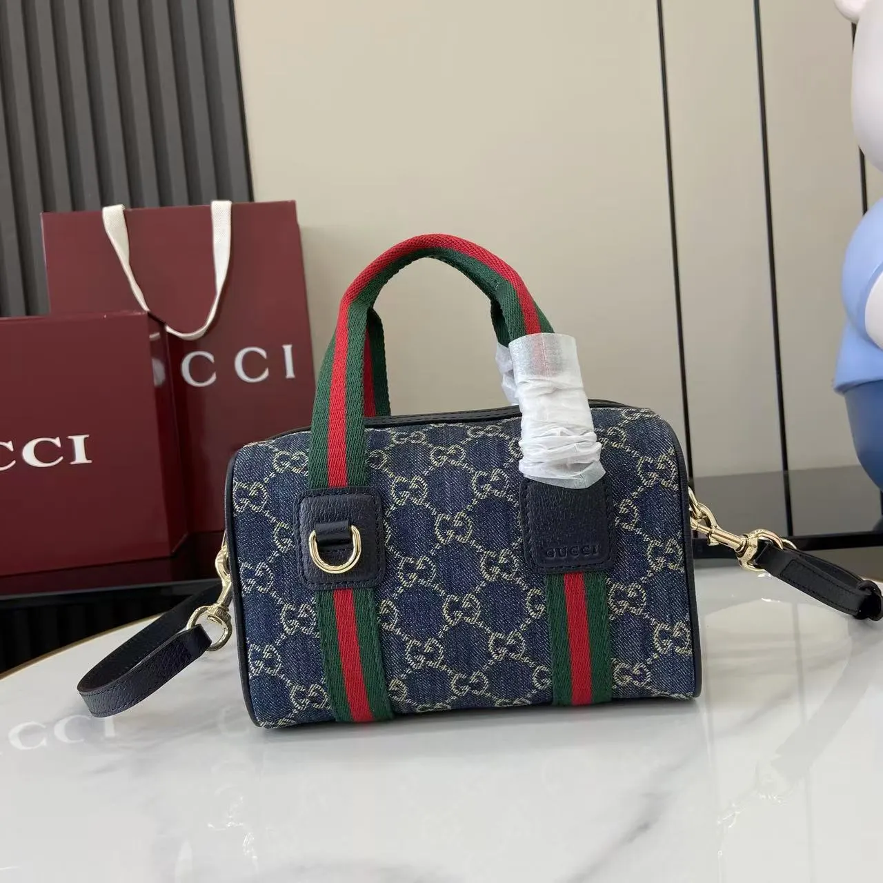 Gucci 棕色 藍色 丹宁 旅行袋 大容量旅行款