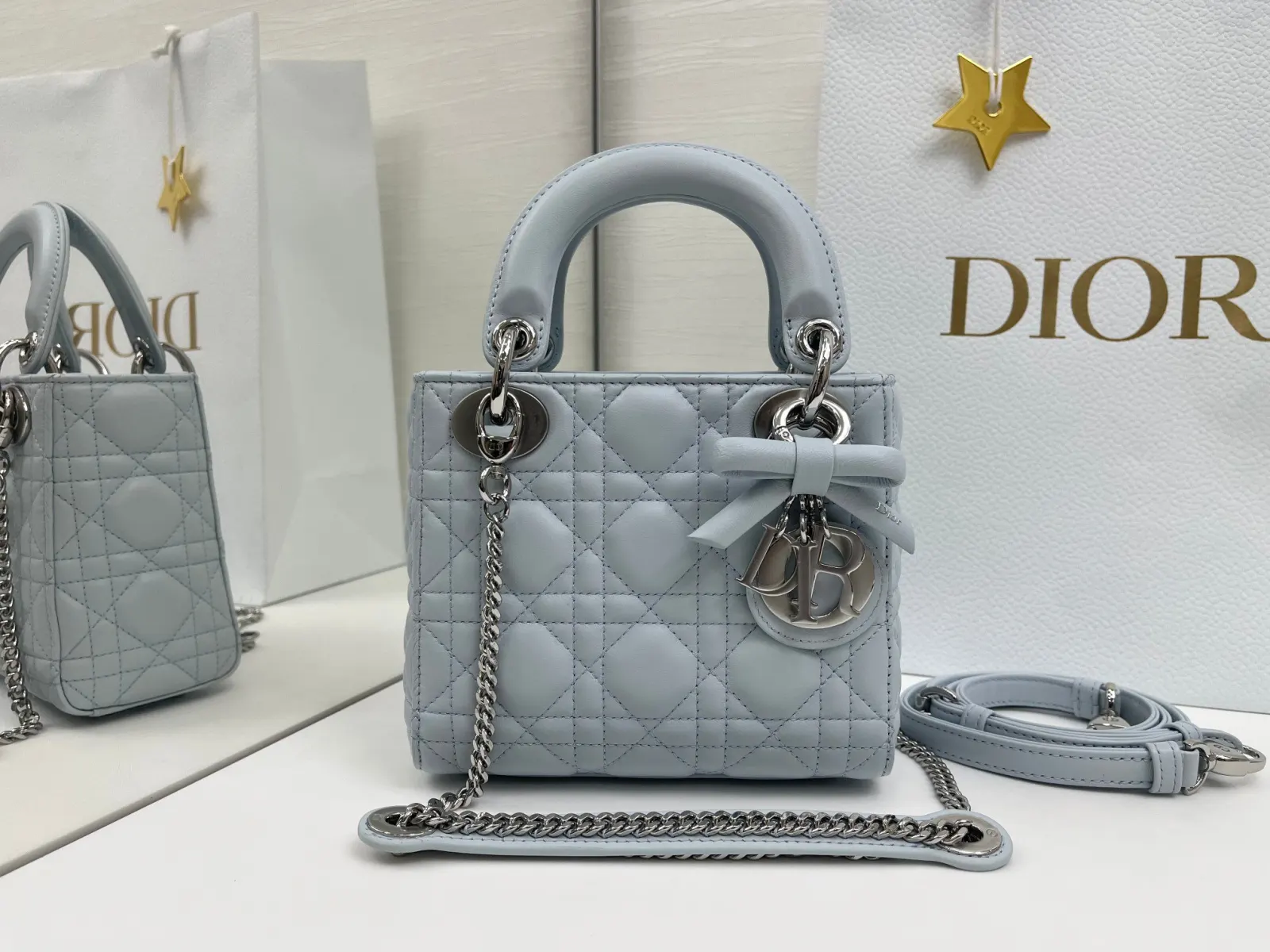 Dior Lady Dior 銀灰色藤格紋手提斜背包 迷你款