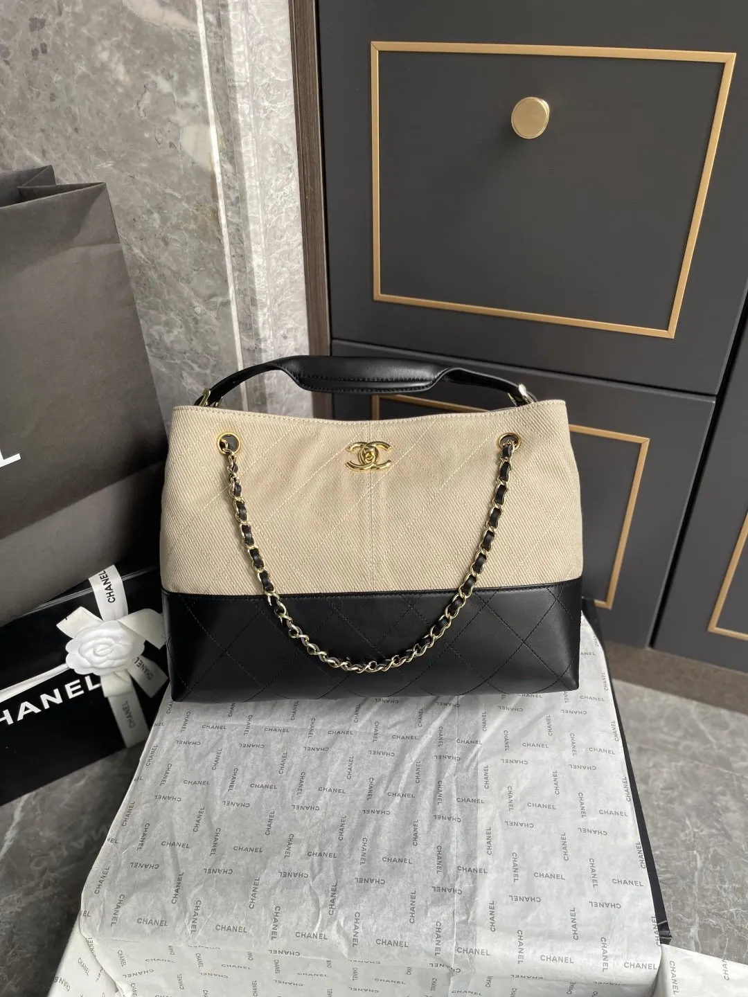 Chanel Black Beige Tote Bag