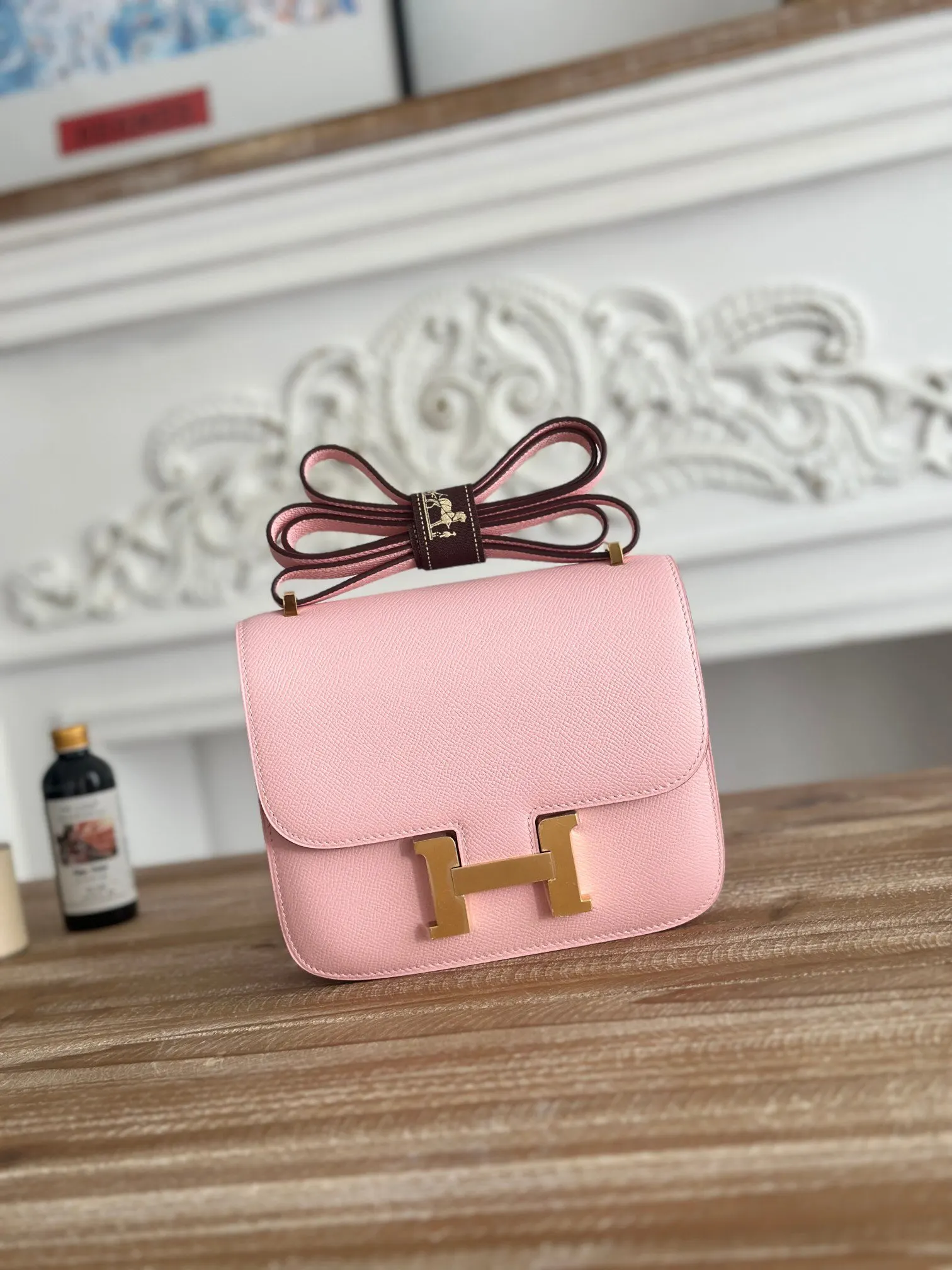 Hermes Constance 3Q粉 Epsom掌纹牛皮 斜背包 19cm 經典款