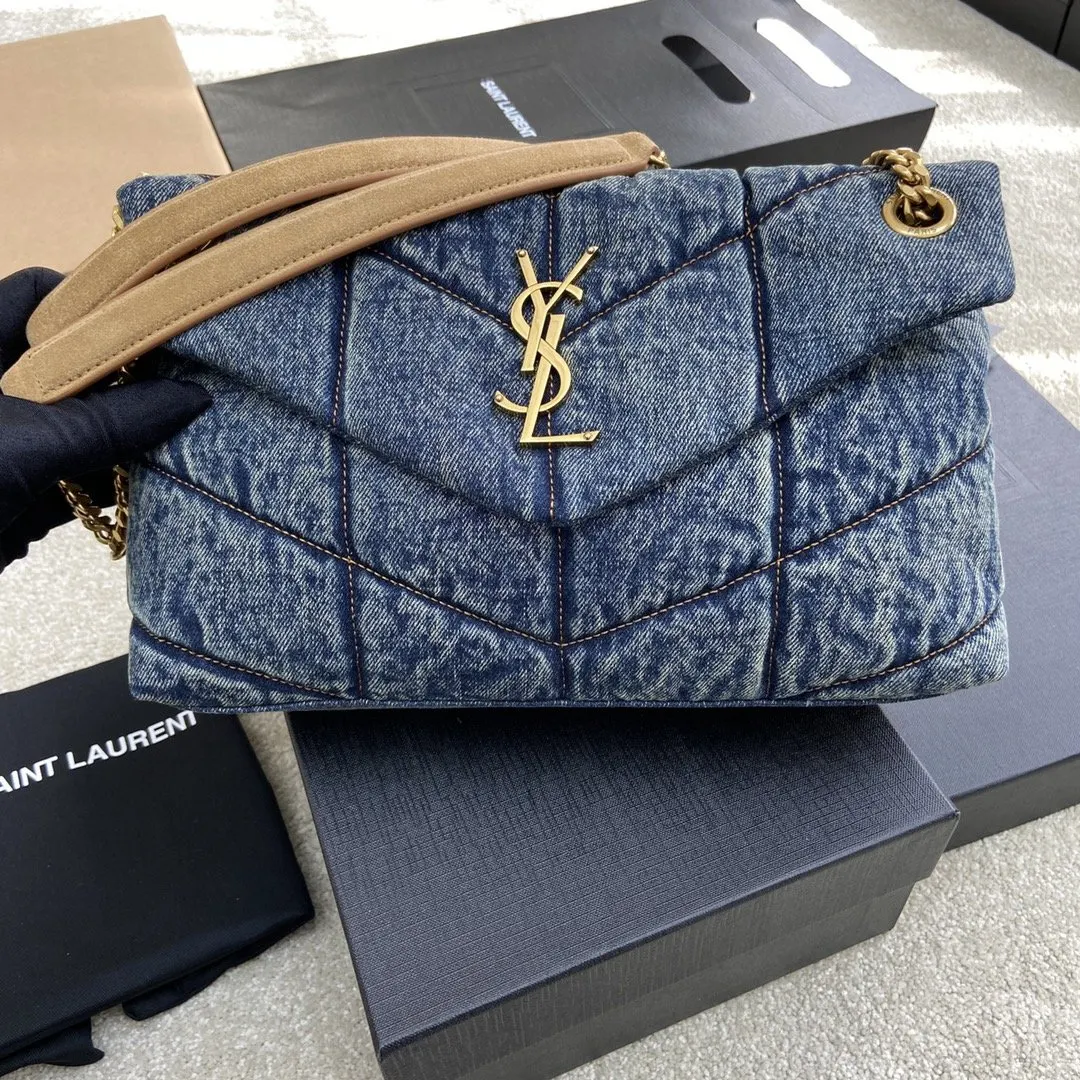 牛仔 羊皮 批 牛仔棕皮 古金 LOULOU PUFFE 鏈條包 精致鏈條款