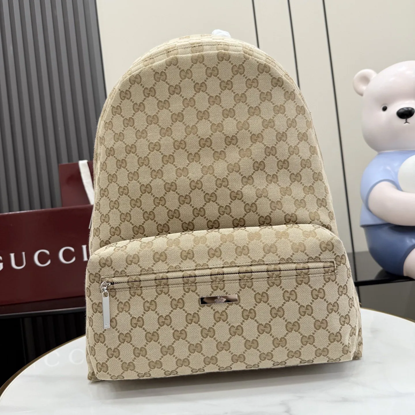 Gucci 棕色 銀色 帆布 雙肩包 实用雙肩款