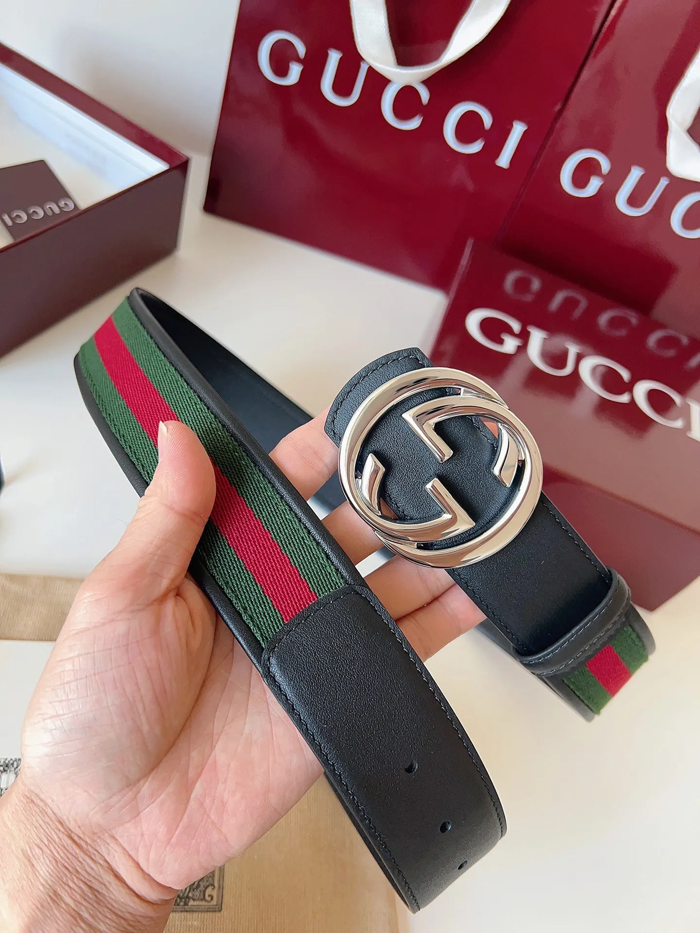 Gucci Double G Buckle Cowhide Belt, Black