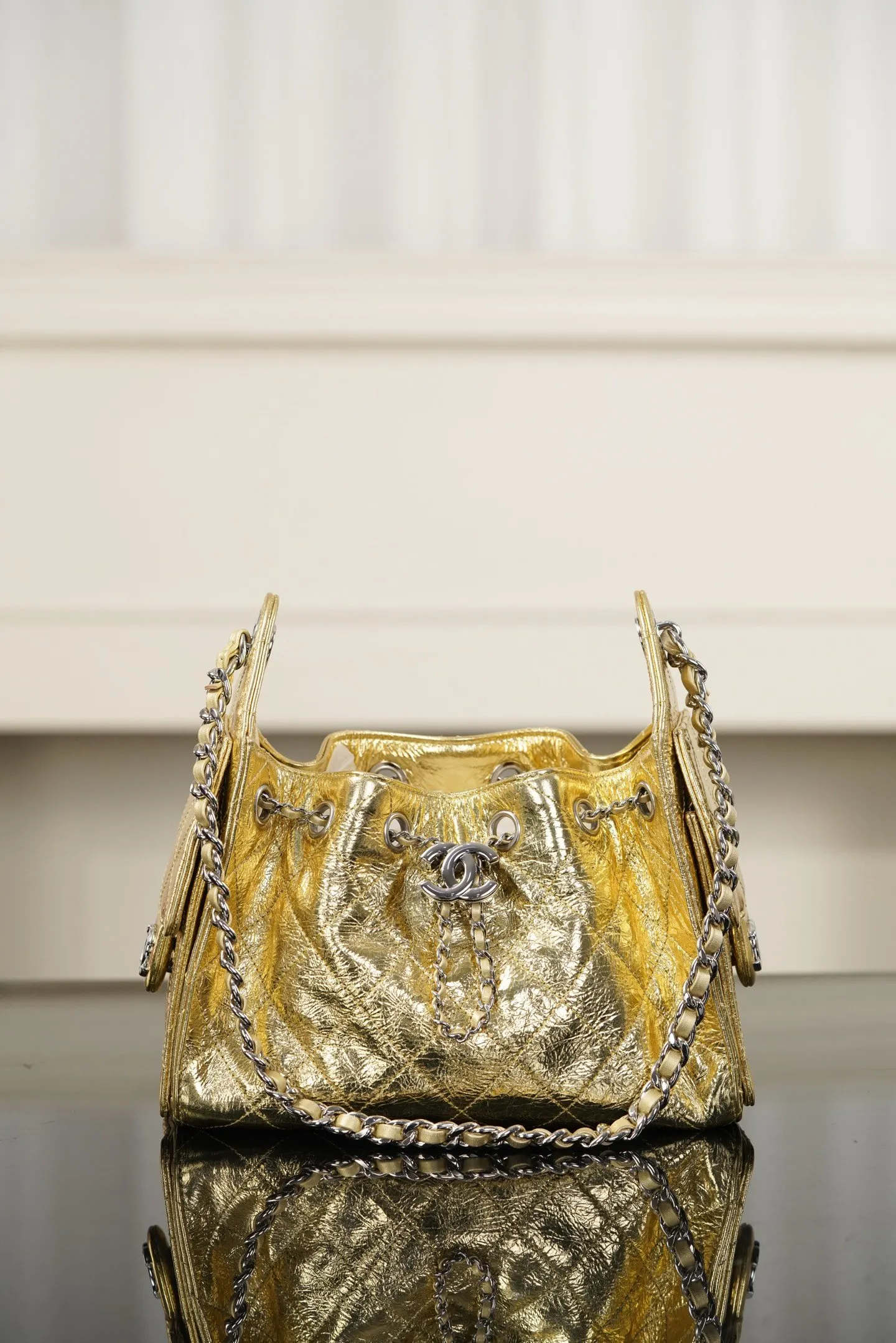 Silver Gold Bucket Bag Casual Leather