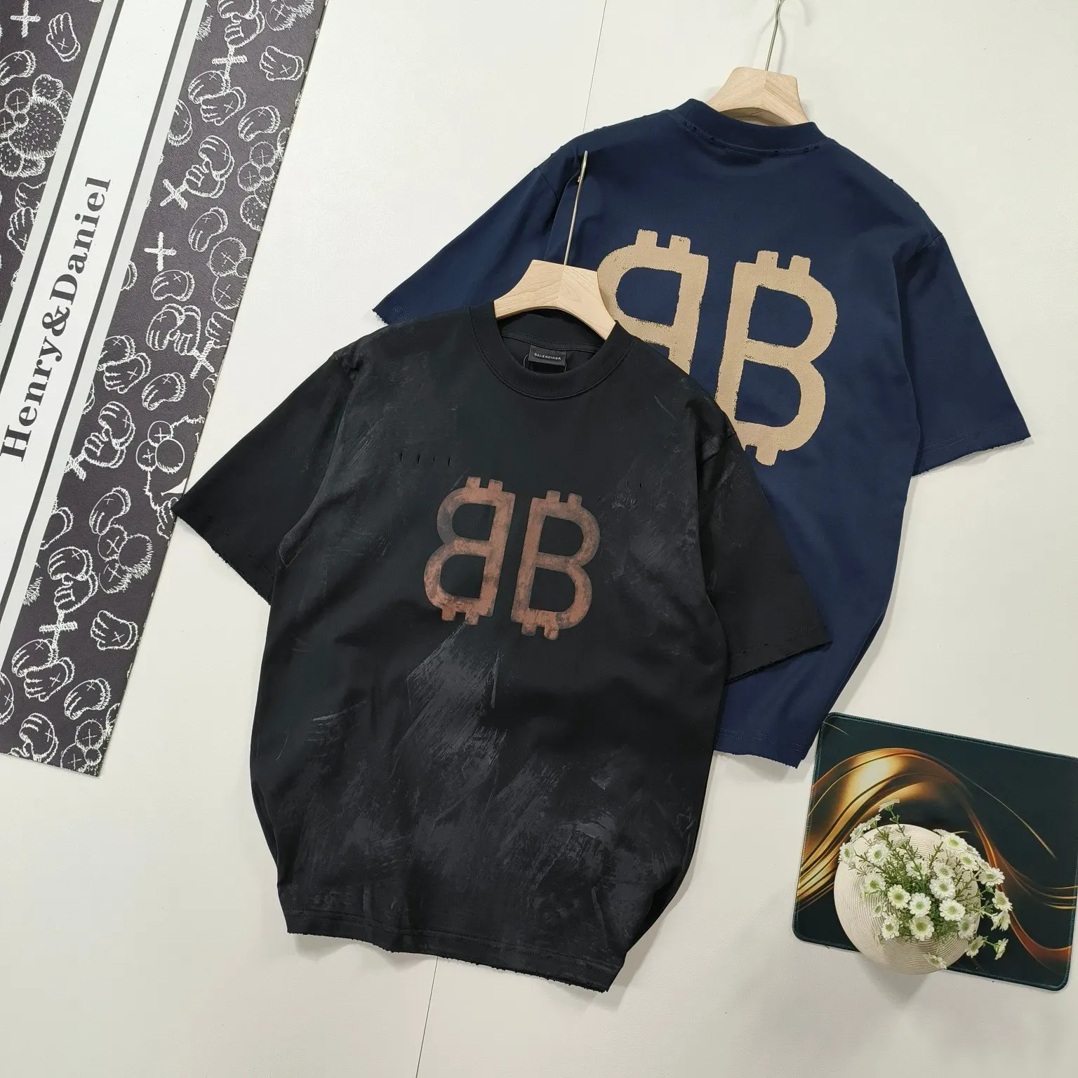 Balenciaga Blue Cotton Logo Short Sleeve T-Shirt Street Casu