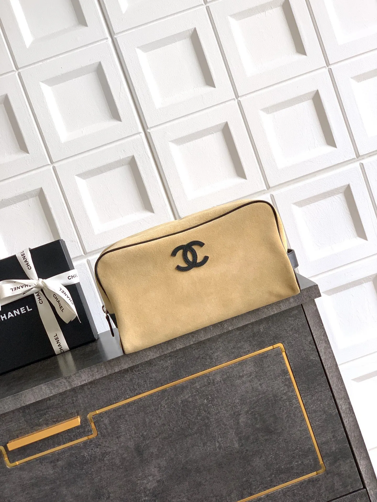 CHANEL 黑色 米色 麂皮 腋下包 复古腋下背款