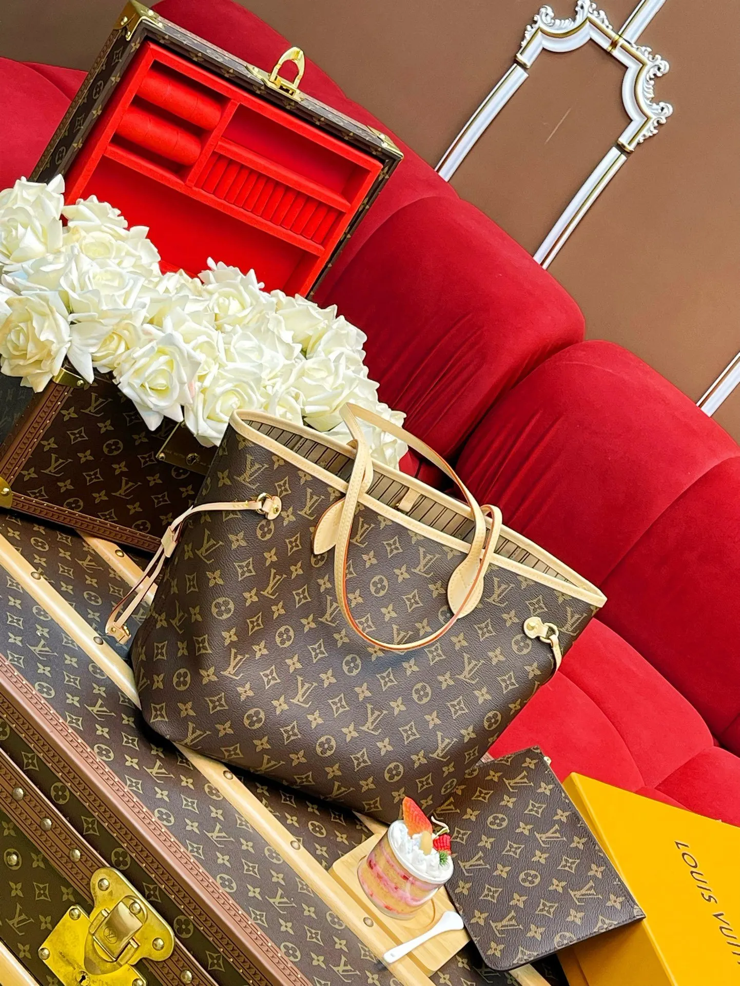 Neverfull 老花 杏色 牛皮 托特包 大容量托特款