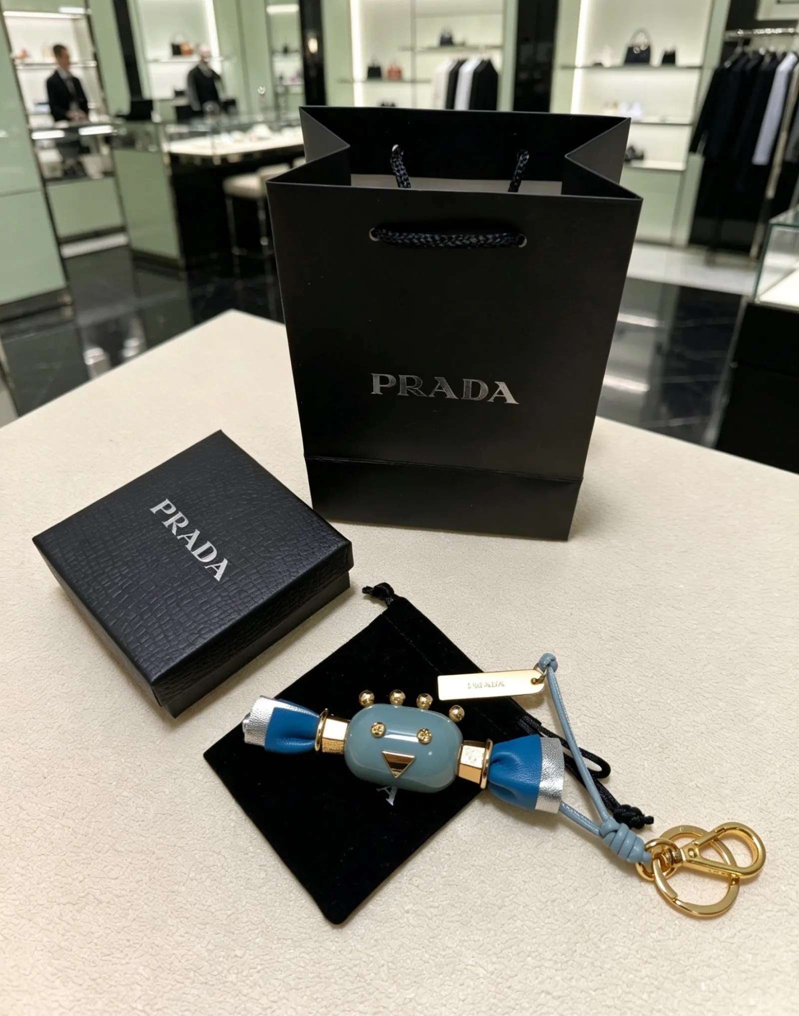 PRADA 藍色 羊皮 三角标 包包挂饰 包袋点缀款
