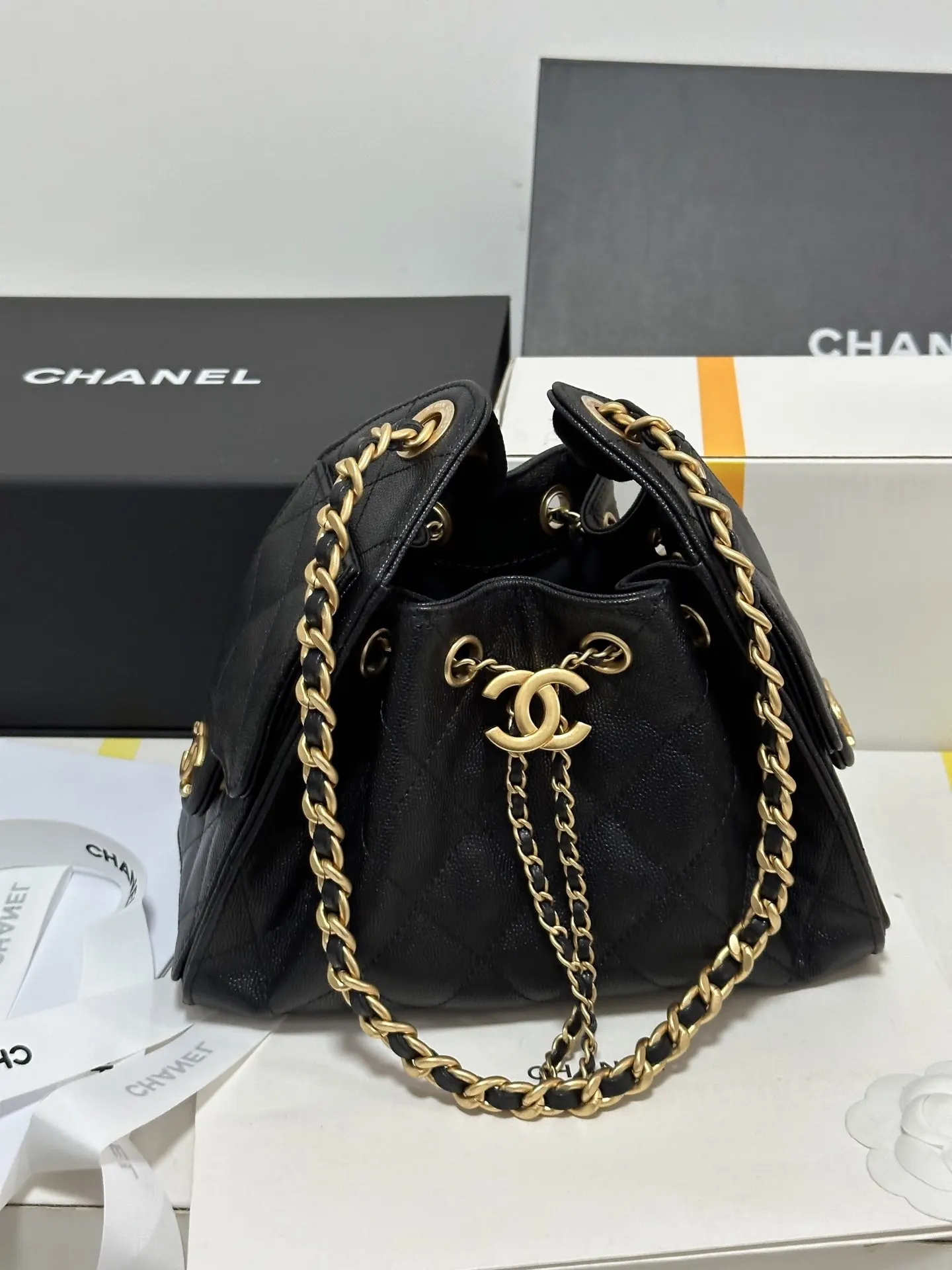 CHANEL 黑色 白色 小牛皮 腋下包 復古腋下背款