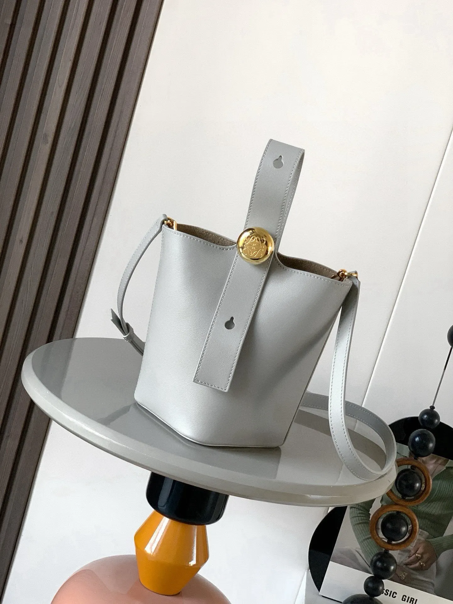 Gray Bucket Bag Casual Leather