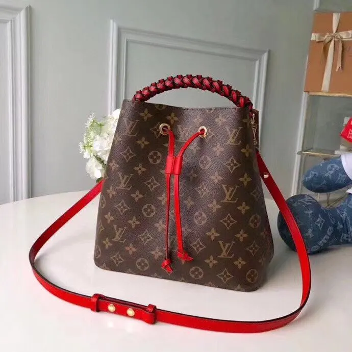 LV 紅色 金色 牛皮 厂价 包包 款NéoNoé手袋的設計 水桶包 休閒水桶款