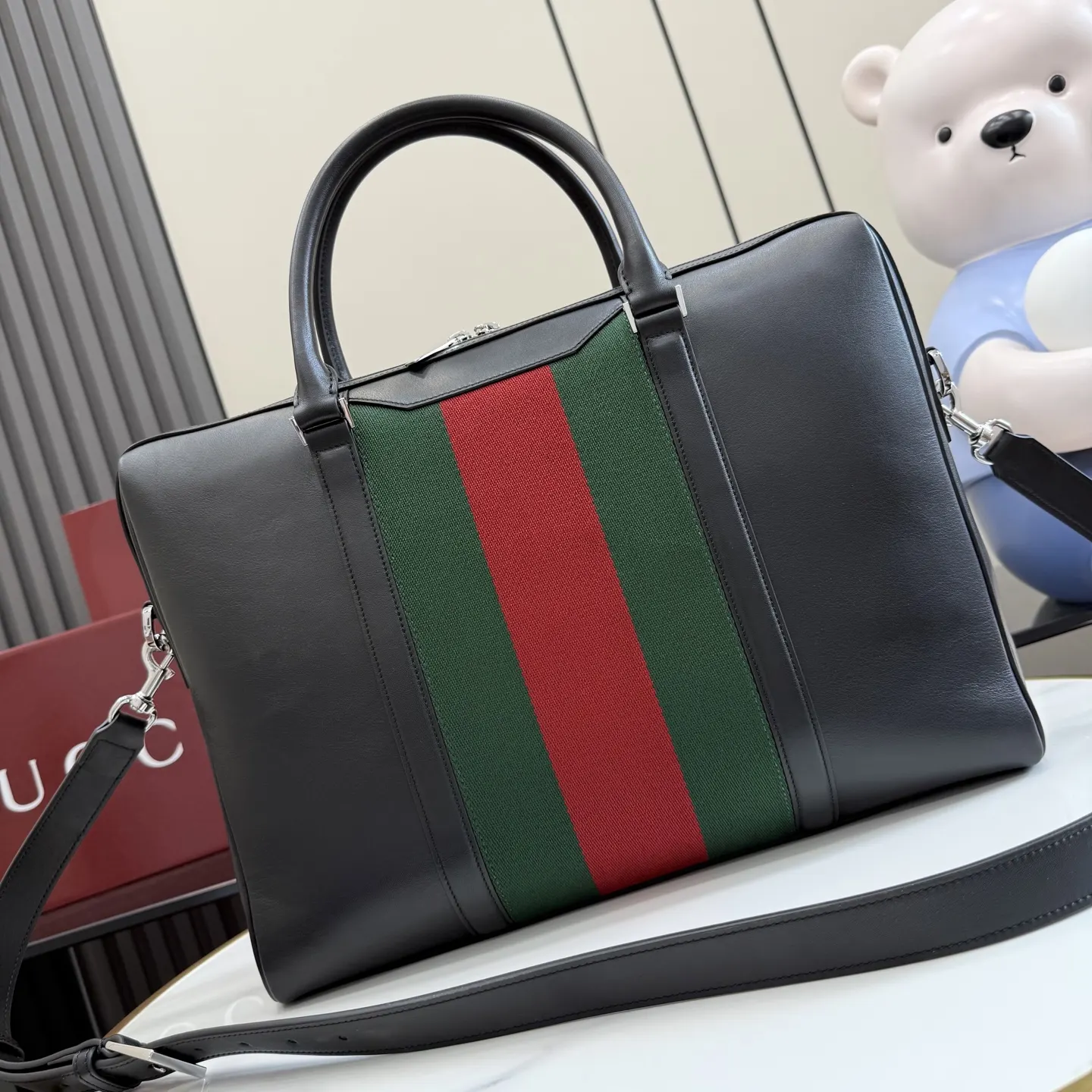 Gucci Black Silver Briefcase Business Commuter Leather
