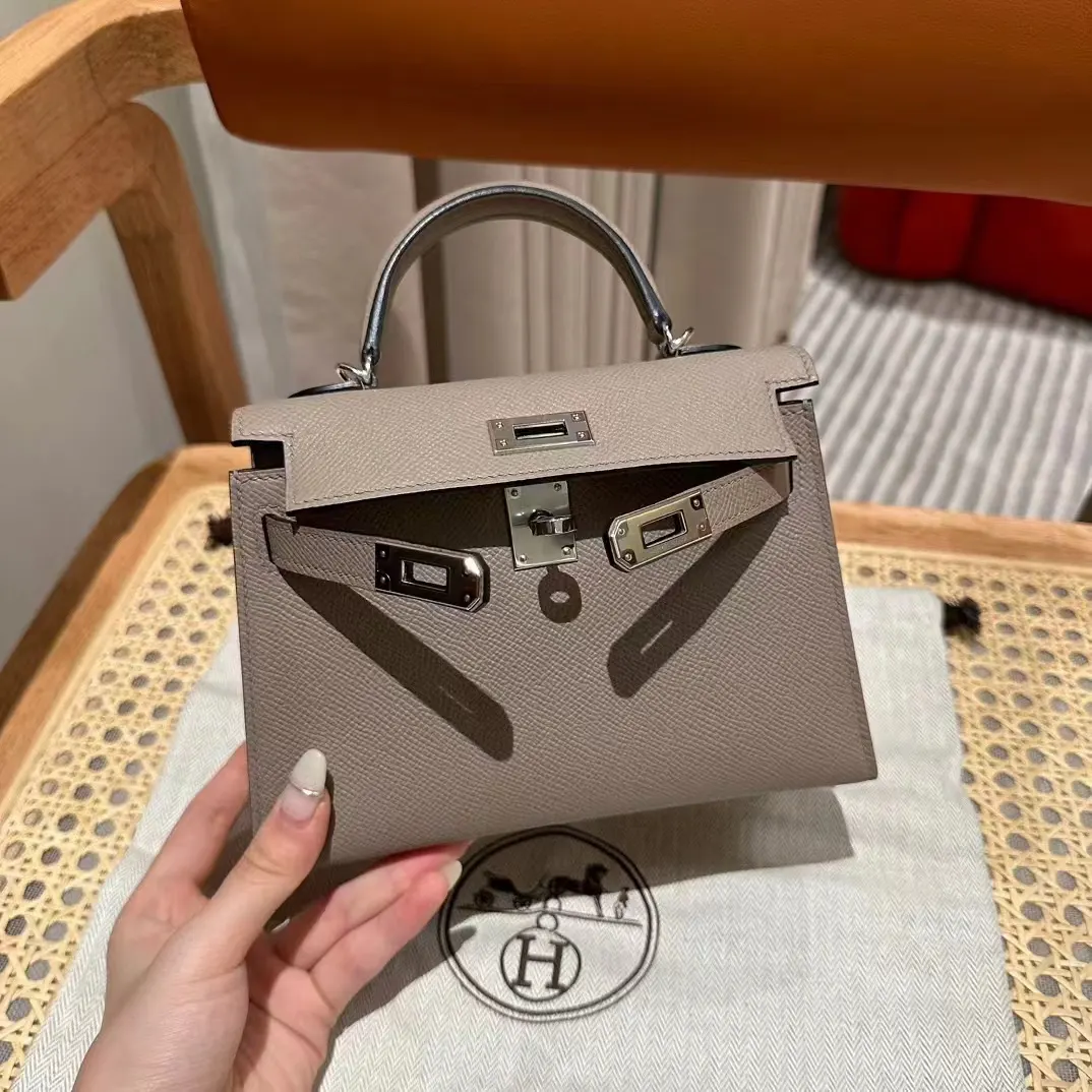 Hermès 迷你皮革手提包 大象灰银扣