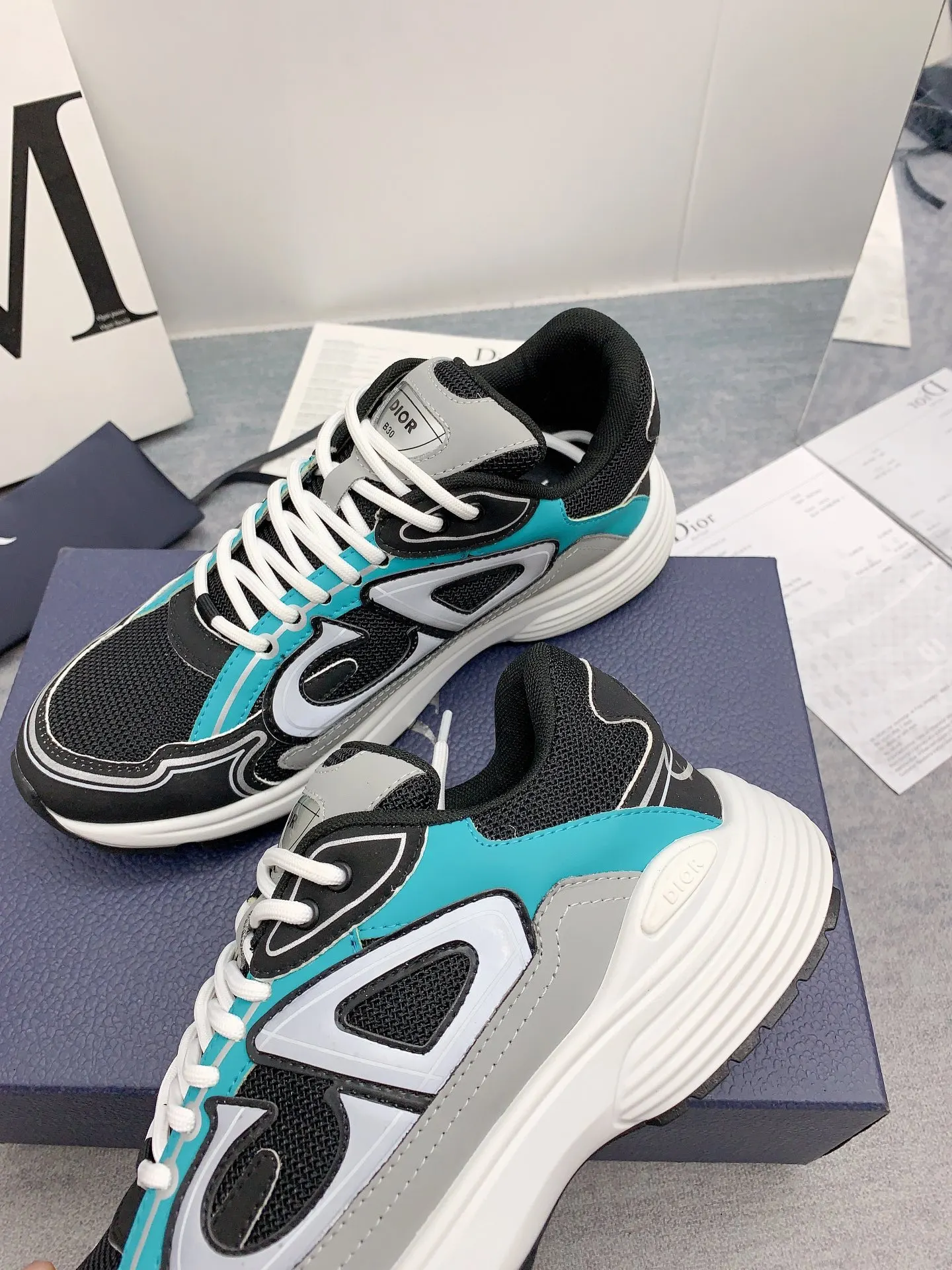 Dior B30 Mesh And Leather Sneakers In Black Teal