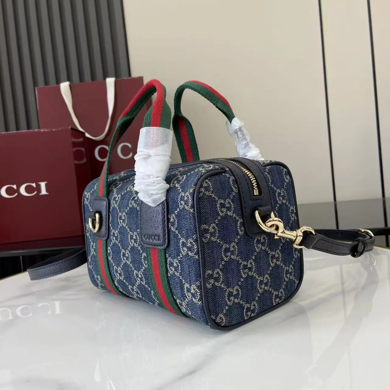 Gucci 棕色 蓝色 丹宁 旅行包 大容量旅行款