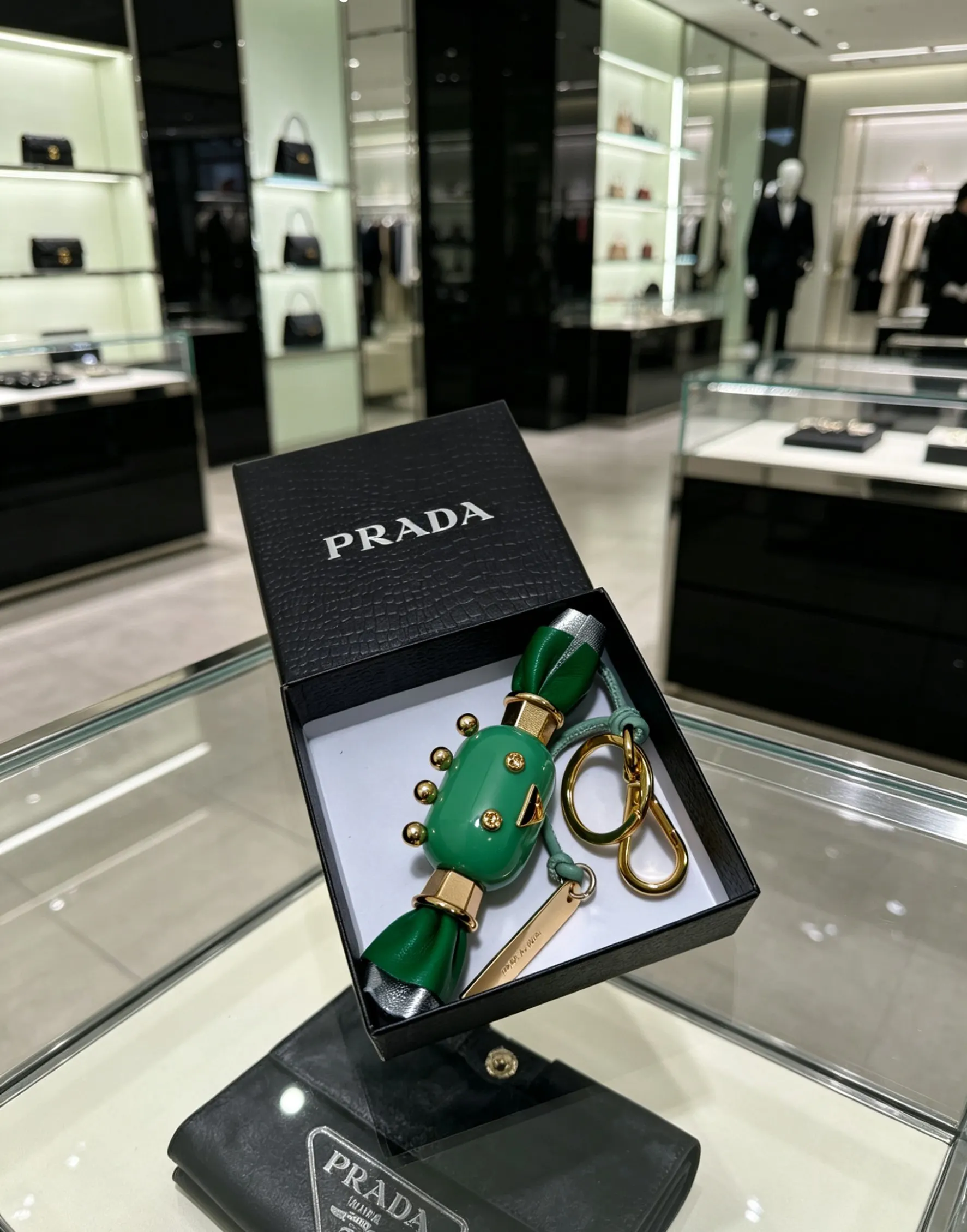 Prada Green Leather Triangle Logo Bag Charm / Keychain