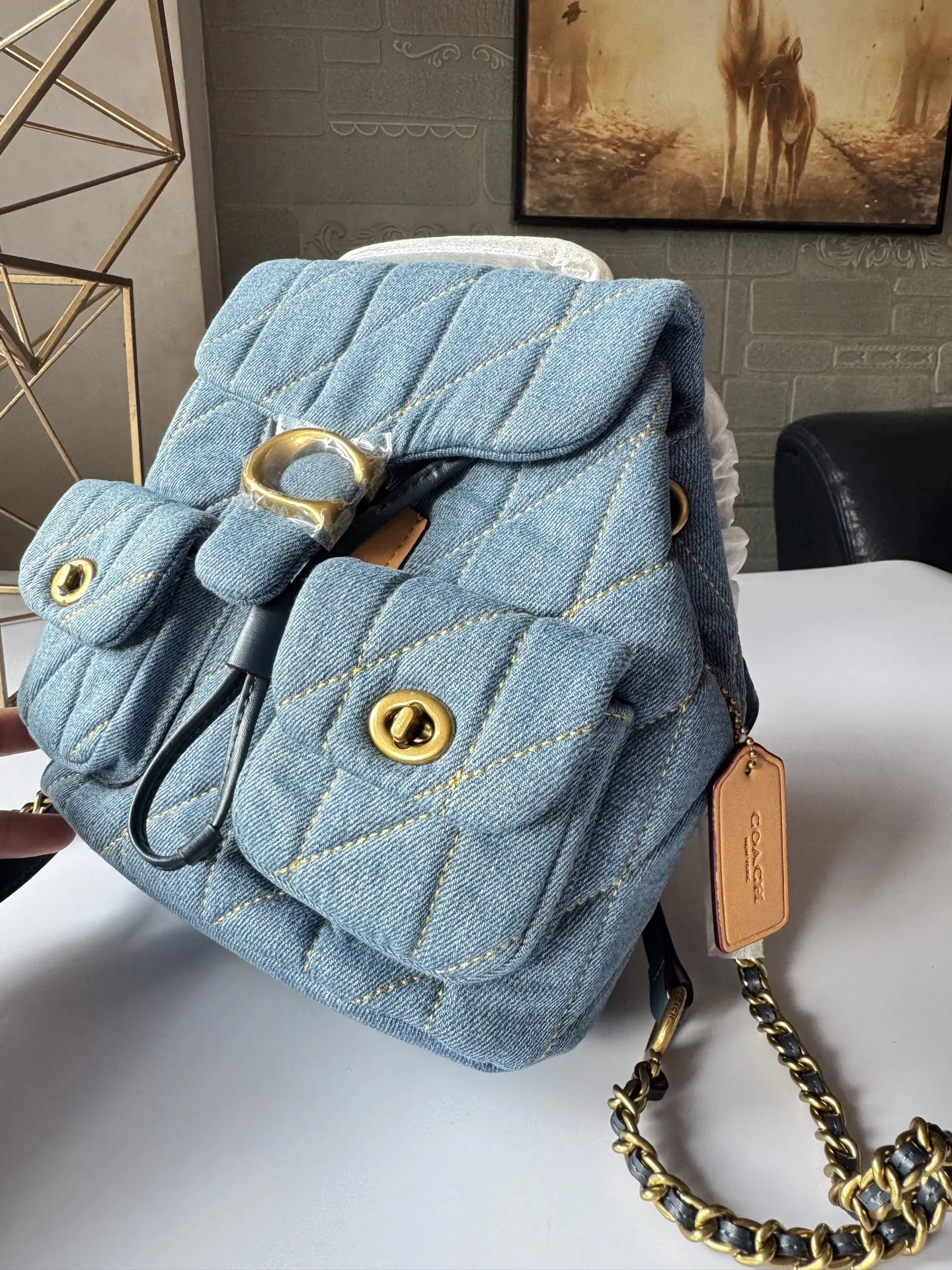 Coach 蓝色 牛仔 羊皮 双肩包 实用双肩款