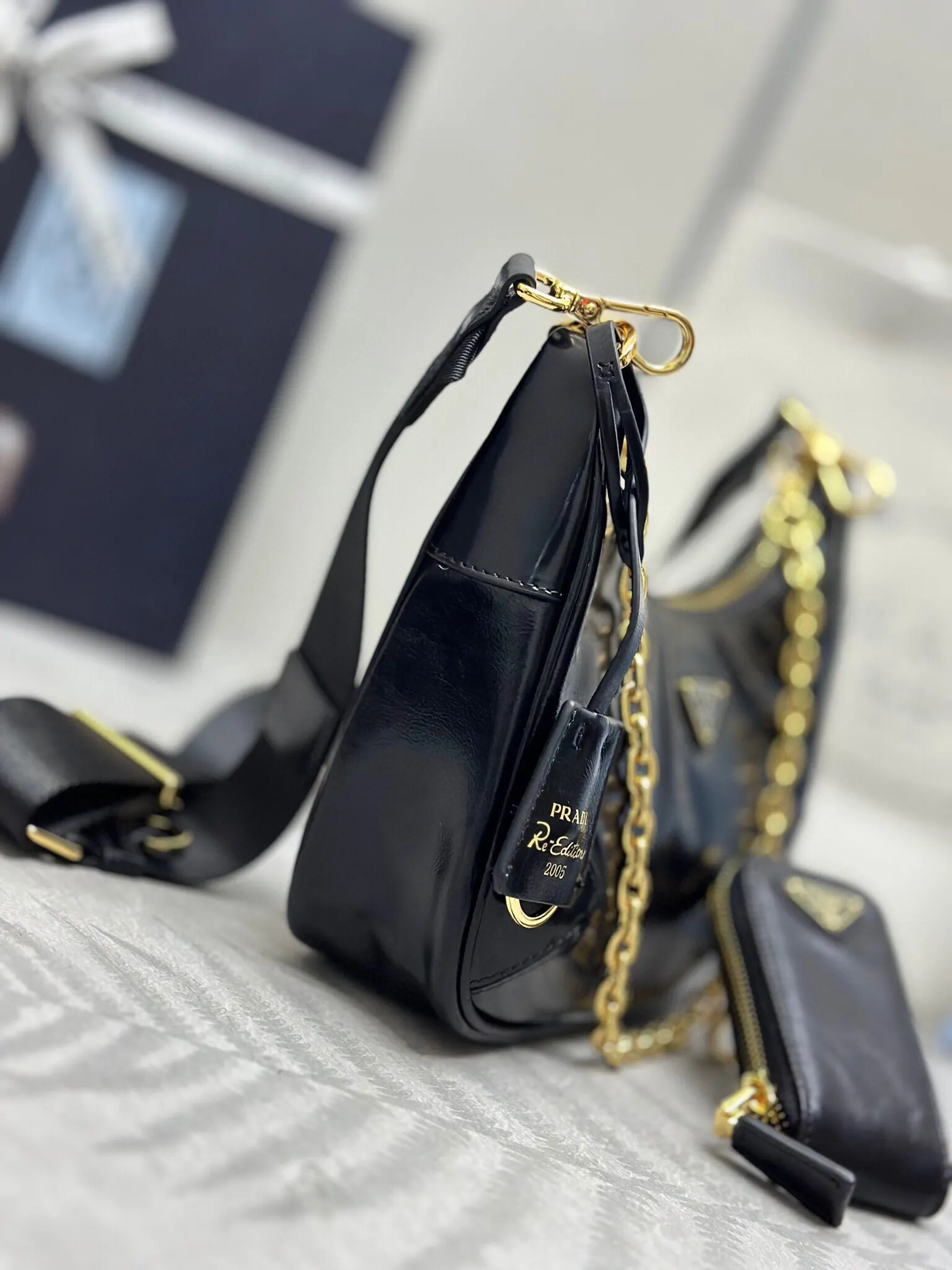 Prada Re-Nylon 黑色 链条Hobo腋下包 小包组合