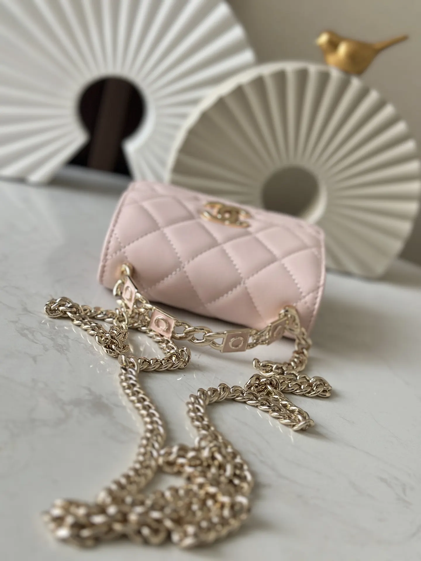 Pink Gold Chain Bag Leather