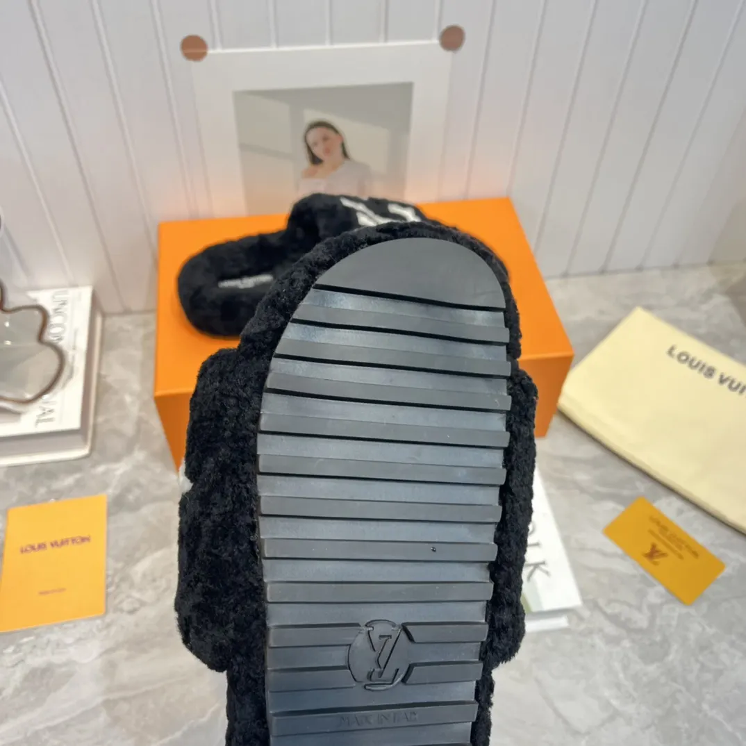 LV 黑色毛绒厚底拖鞋 秋冬居家休闲款｜ORBUYBAG 岚奢包高端时尚精品
