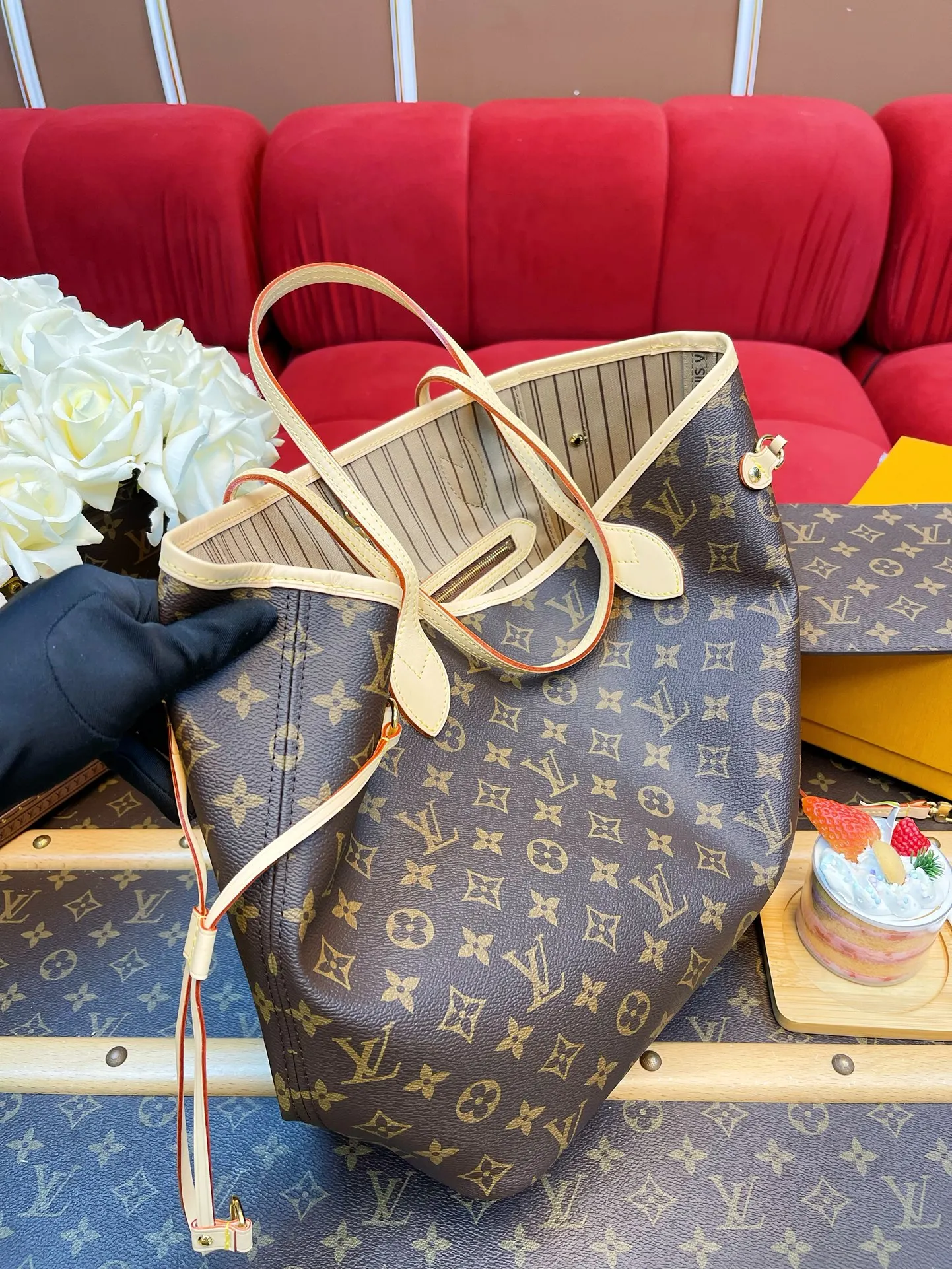 Beige Monogram Tote Bag Leather