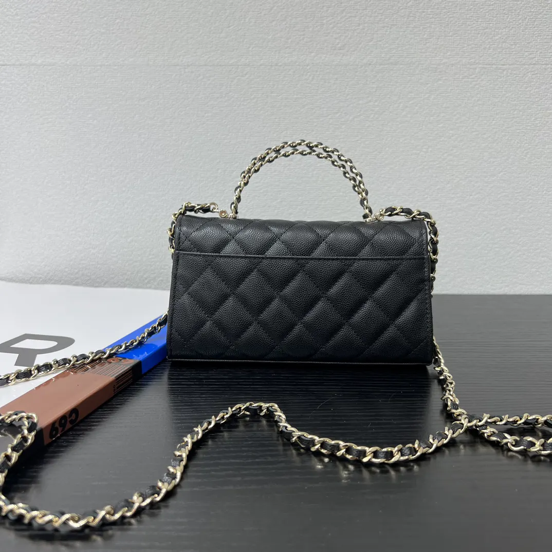 Chanel 黑色菱格Kelly手柄包 金链手提 手提包