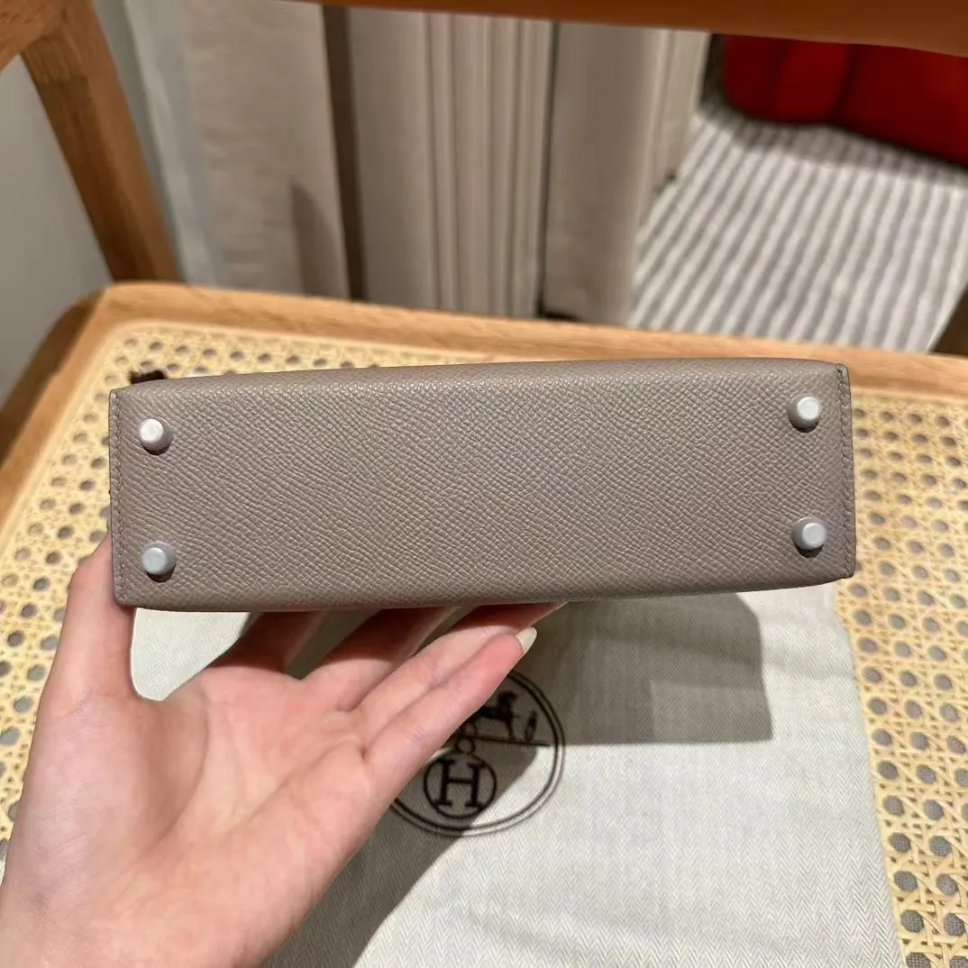 Hermès 迷你皮革手提包 大象灰银扣