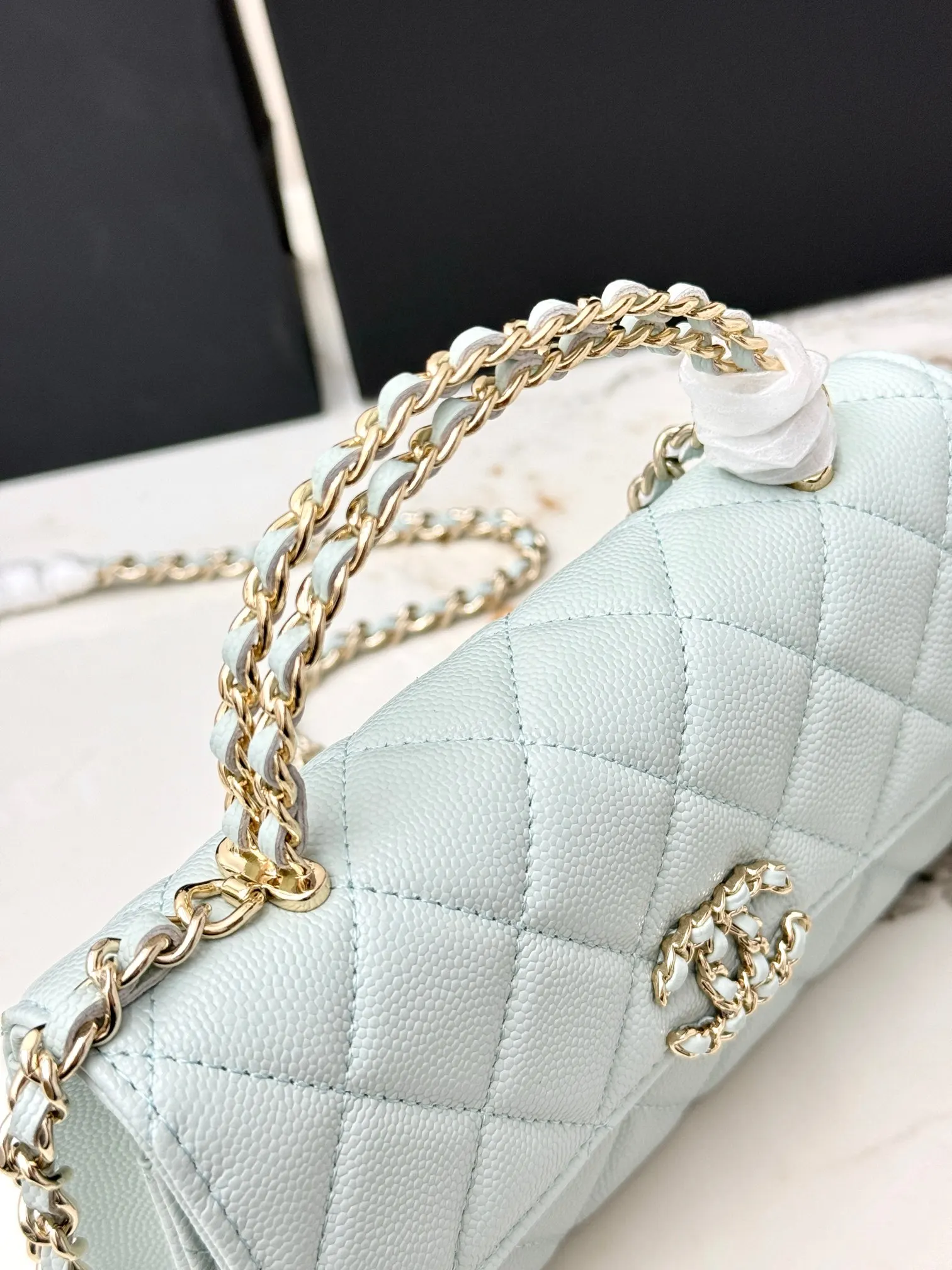 Chanel 浅蓝色牛皮Kelly手提包 金链斜挎