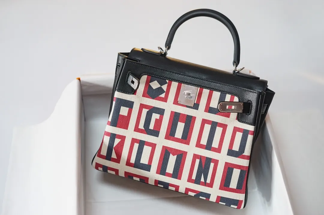 Hermès Kelly 帆布拼皮 手提包 28cm
