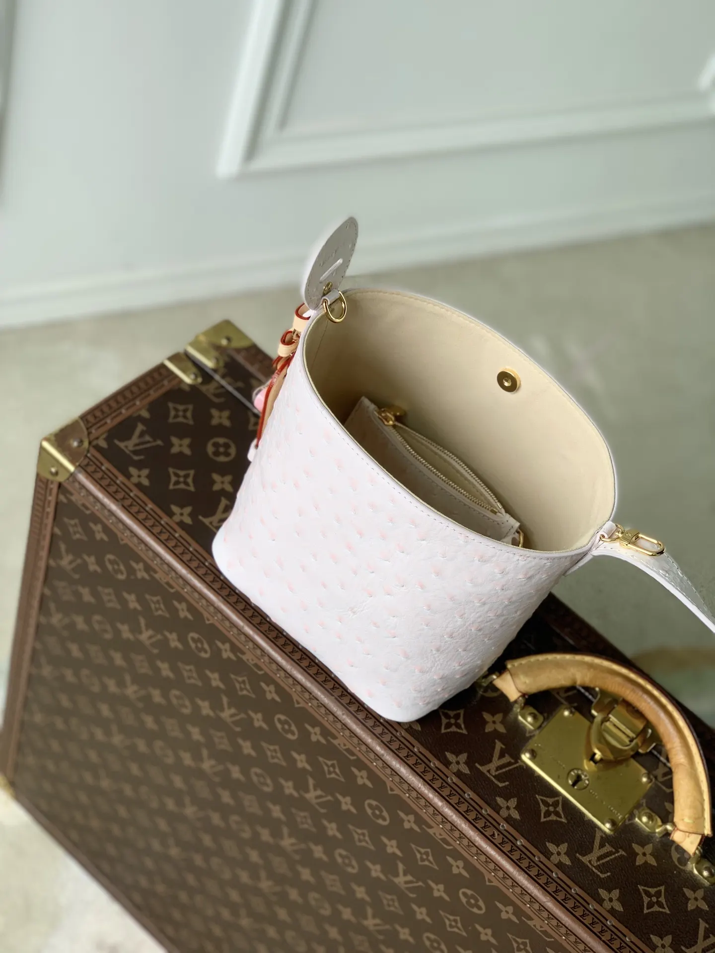 LV 粉色 金色 帆布 粉色 鸵鸟纹 All ln BB 水桶包 休閒水桶款