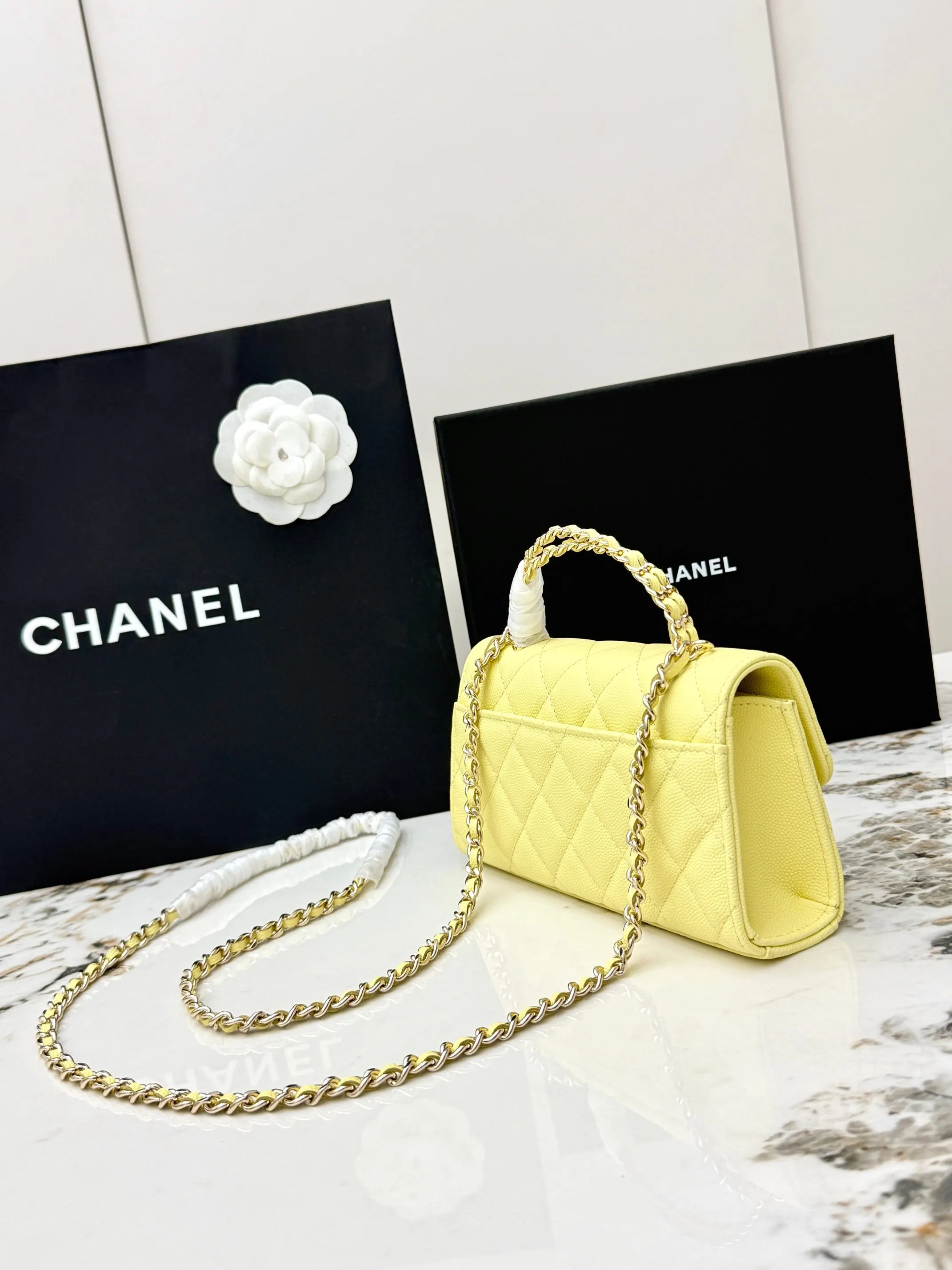 Chanel 黃色牛皮Kelly手提包 金链斜挎